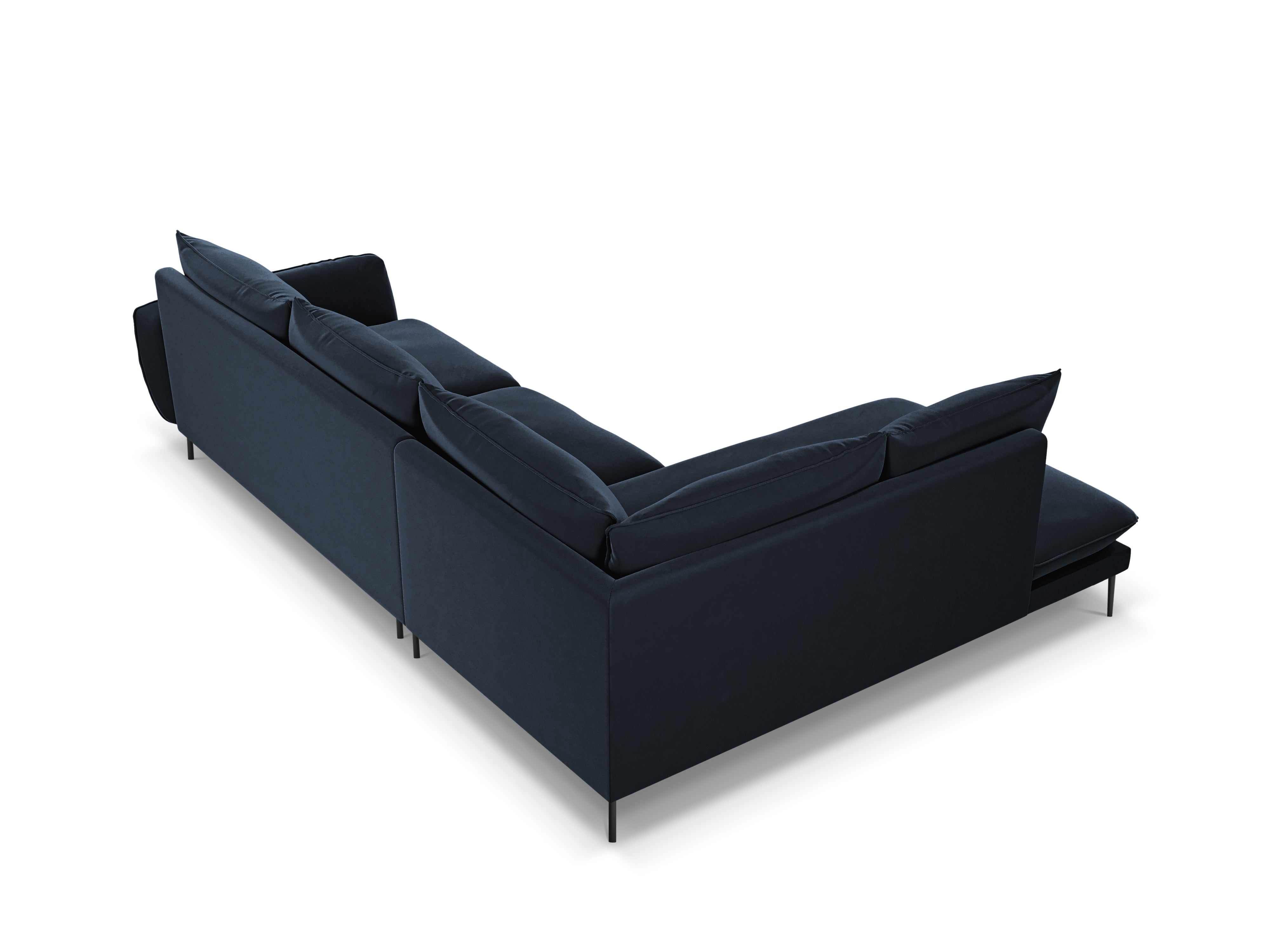 Left-facing velvet corner sofa for 5 people VIENNA in dark blue with a black base