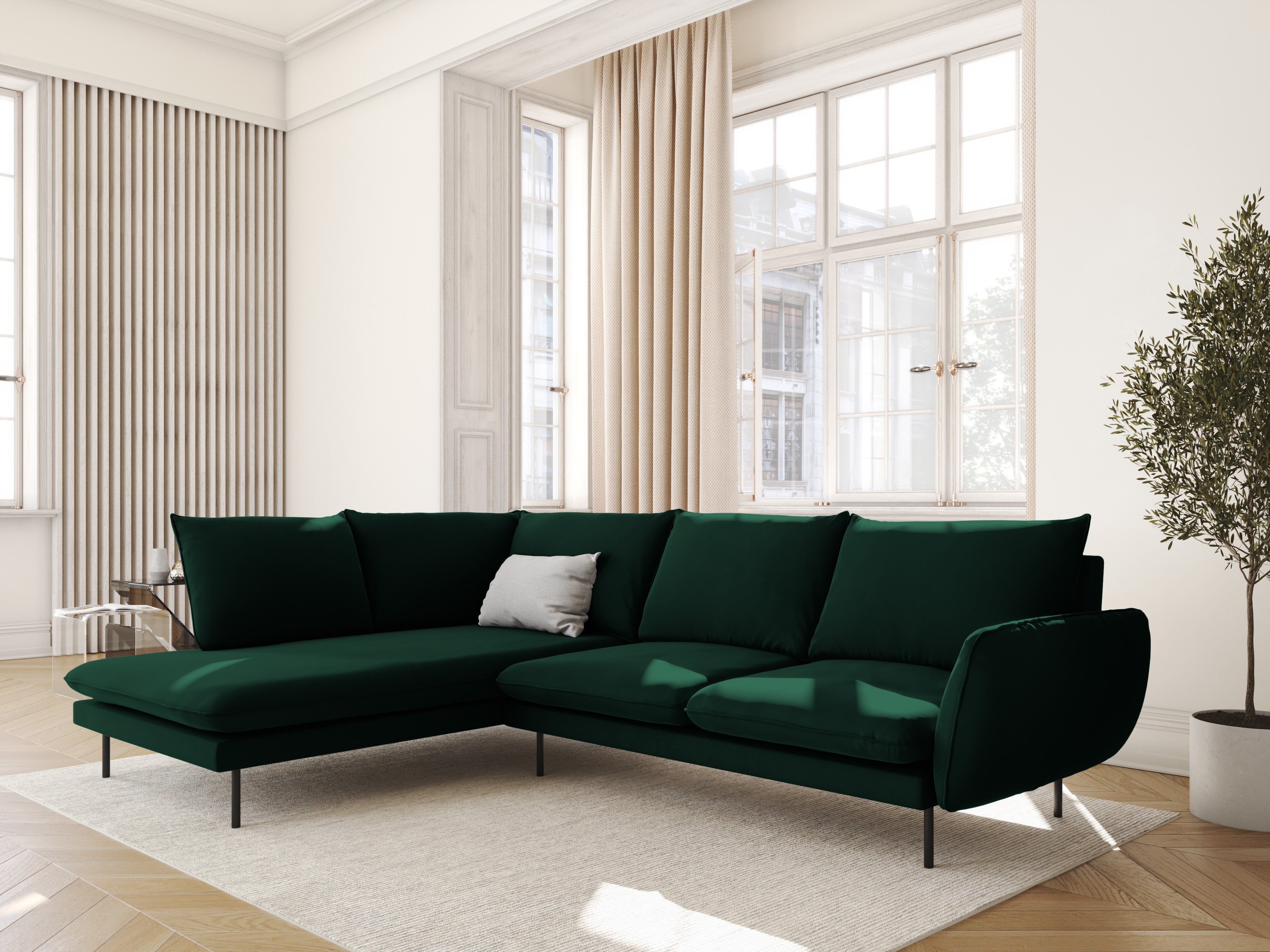Sametový rohový gauč pro 6 osob, levostranný VIENNA, lahvově zelený s černým podstavcem