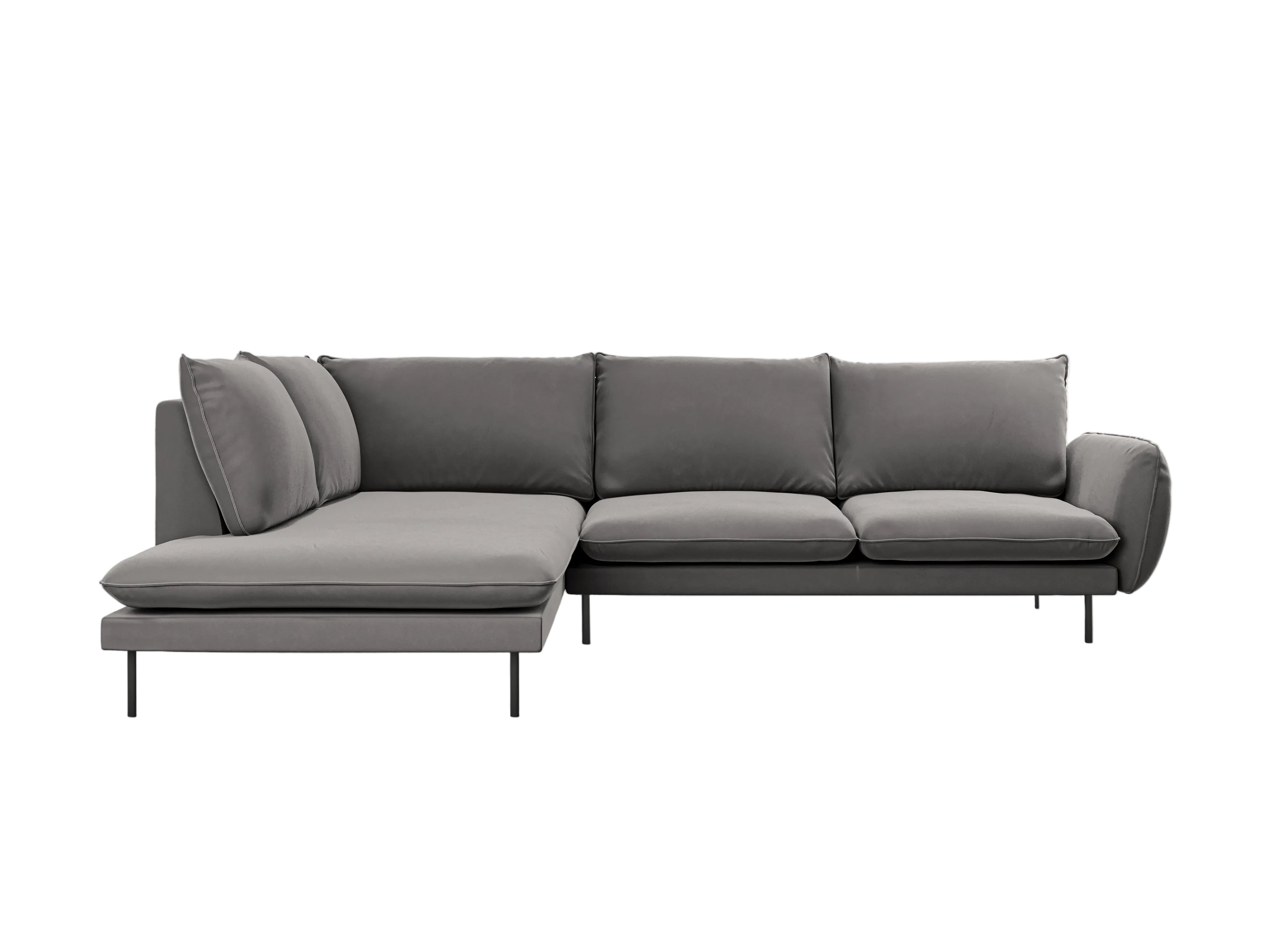 Velvet Corner Sofa for 6 People, Left Side VIENNA, Light Gray with Black Base