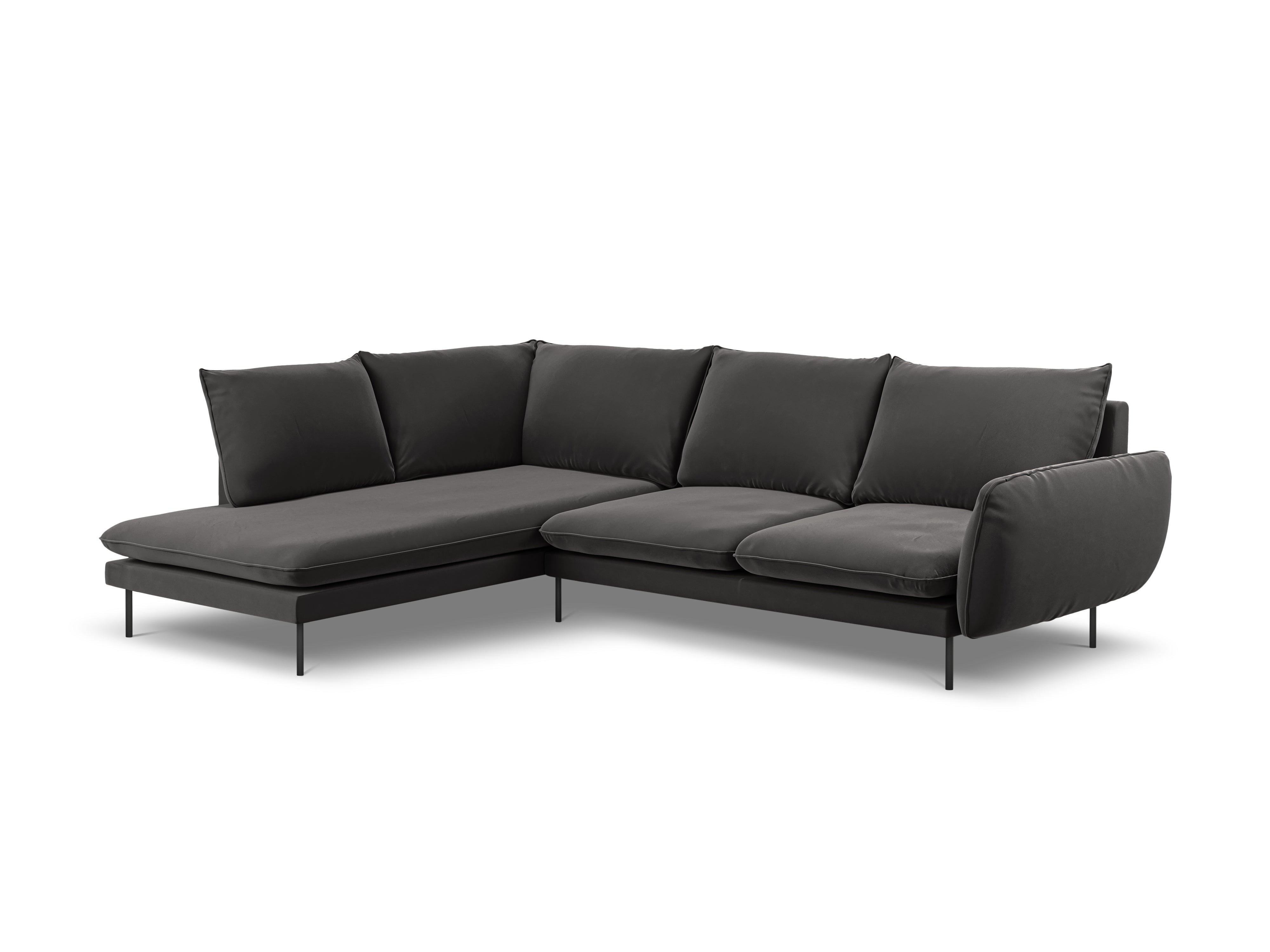 Velvet corner sofa for 6 people, left-facing VIENNA, dark gray with black base