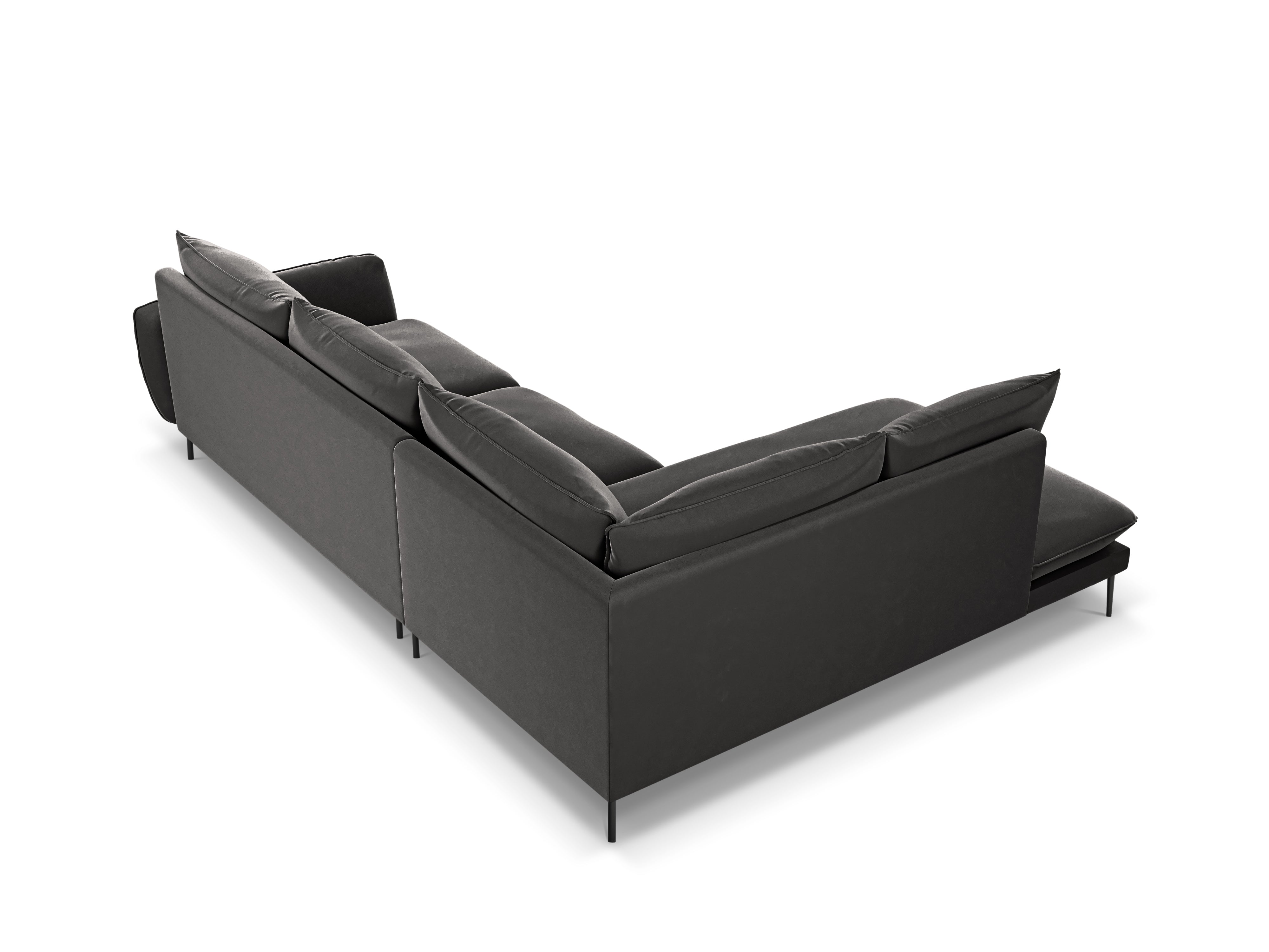 Left-facing velvet corner sofa for 5 people VIENNA in dark gray with a black base