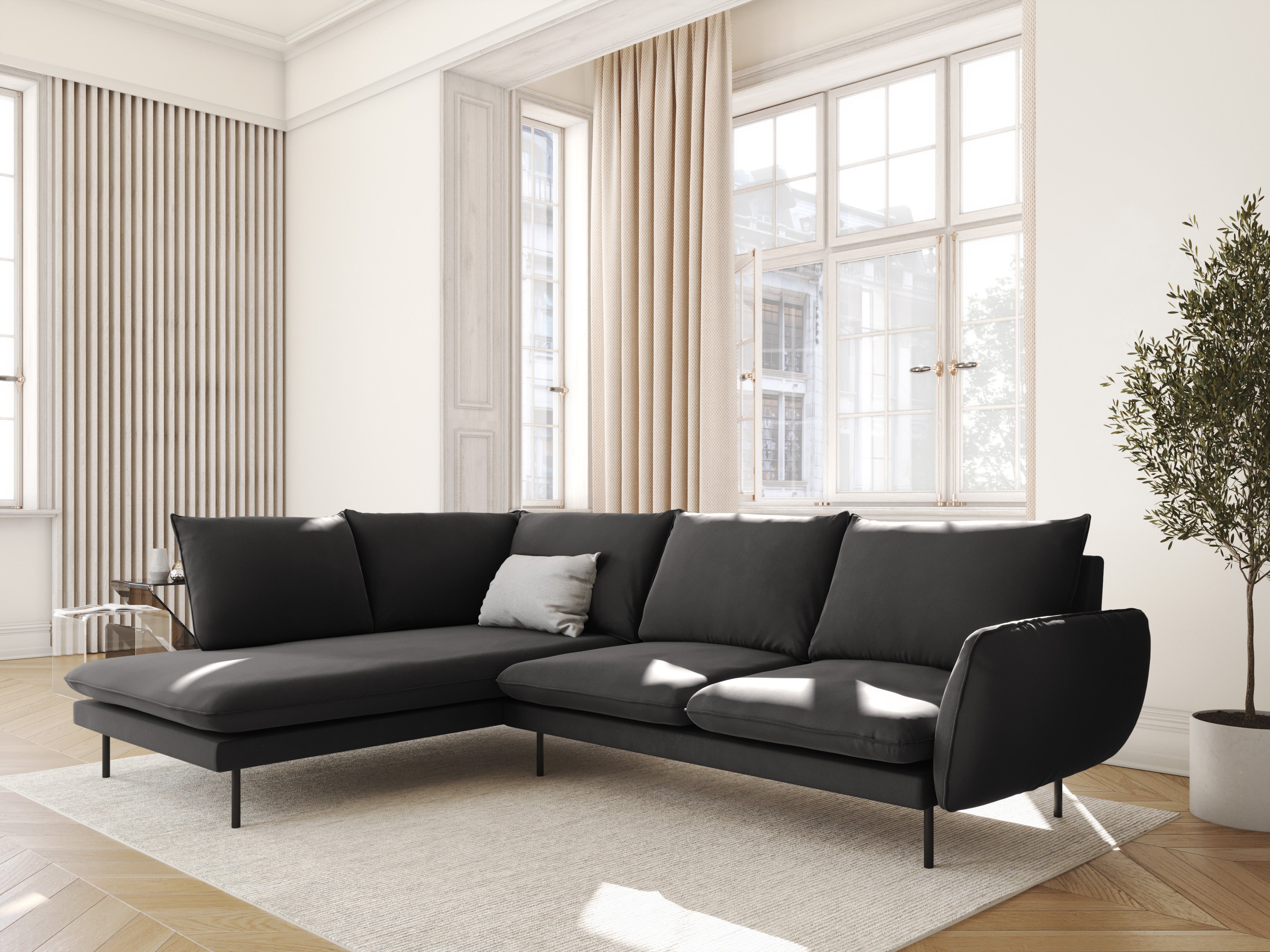 Left-facing velvet corner sofa for 5 people VIENNA in dark gray with a black base
