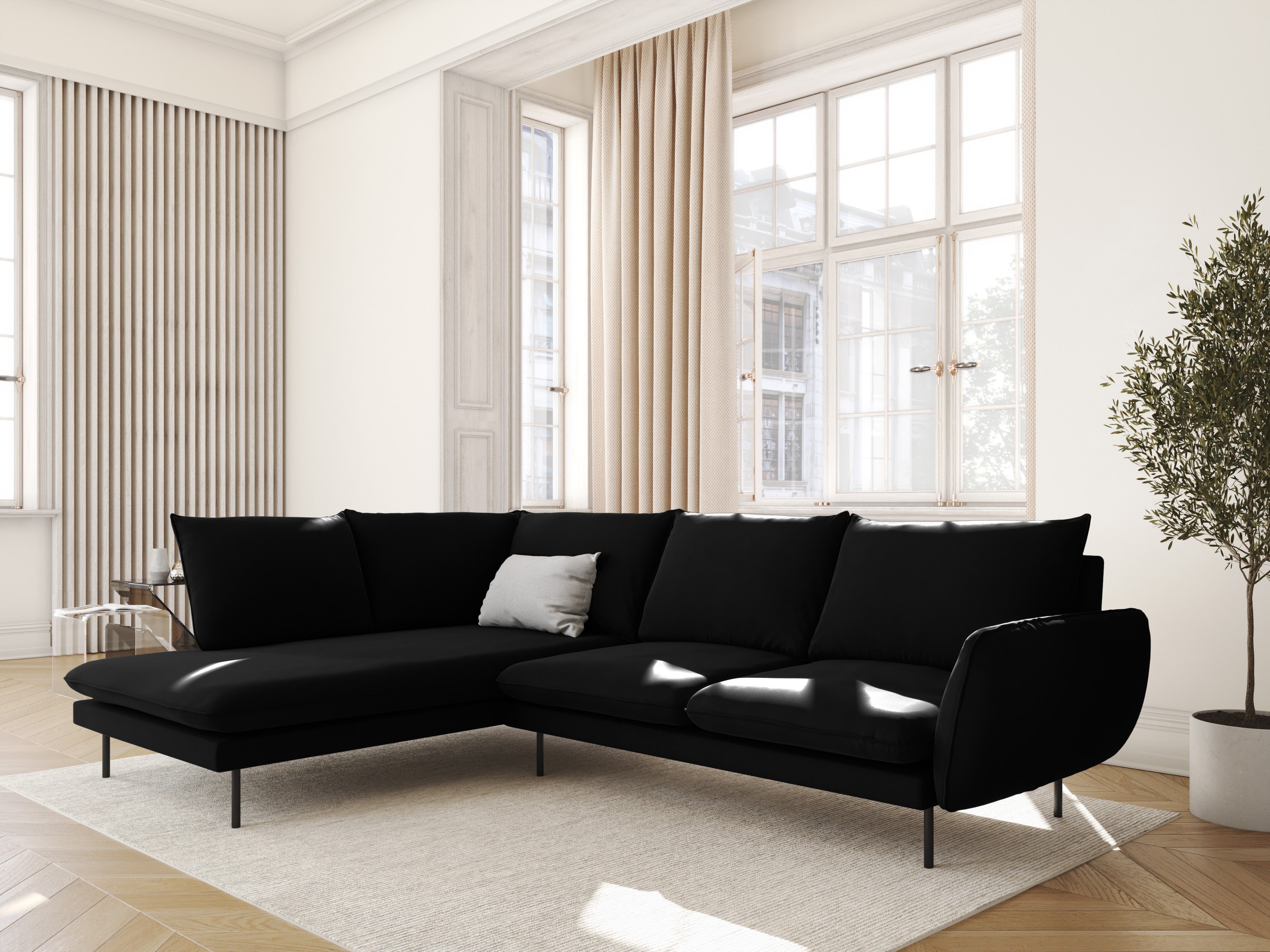 Left-facing velvet corner sofa for 5 people VIENNA in black with a black base