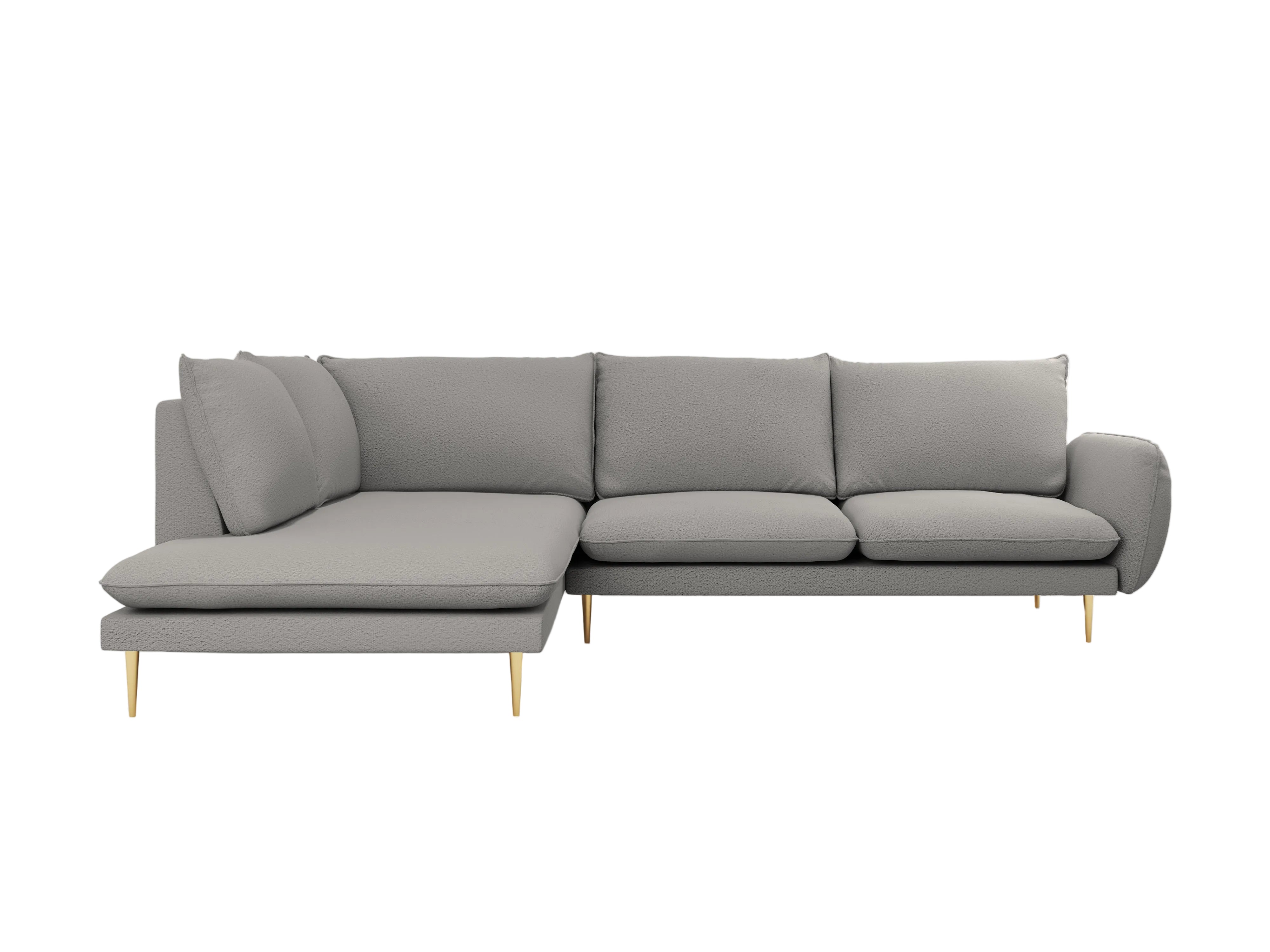 Šedý boucle rohový gauč pro 6 osob levý VIENNA se zlatou základnou