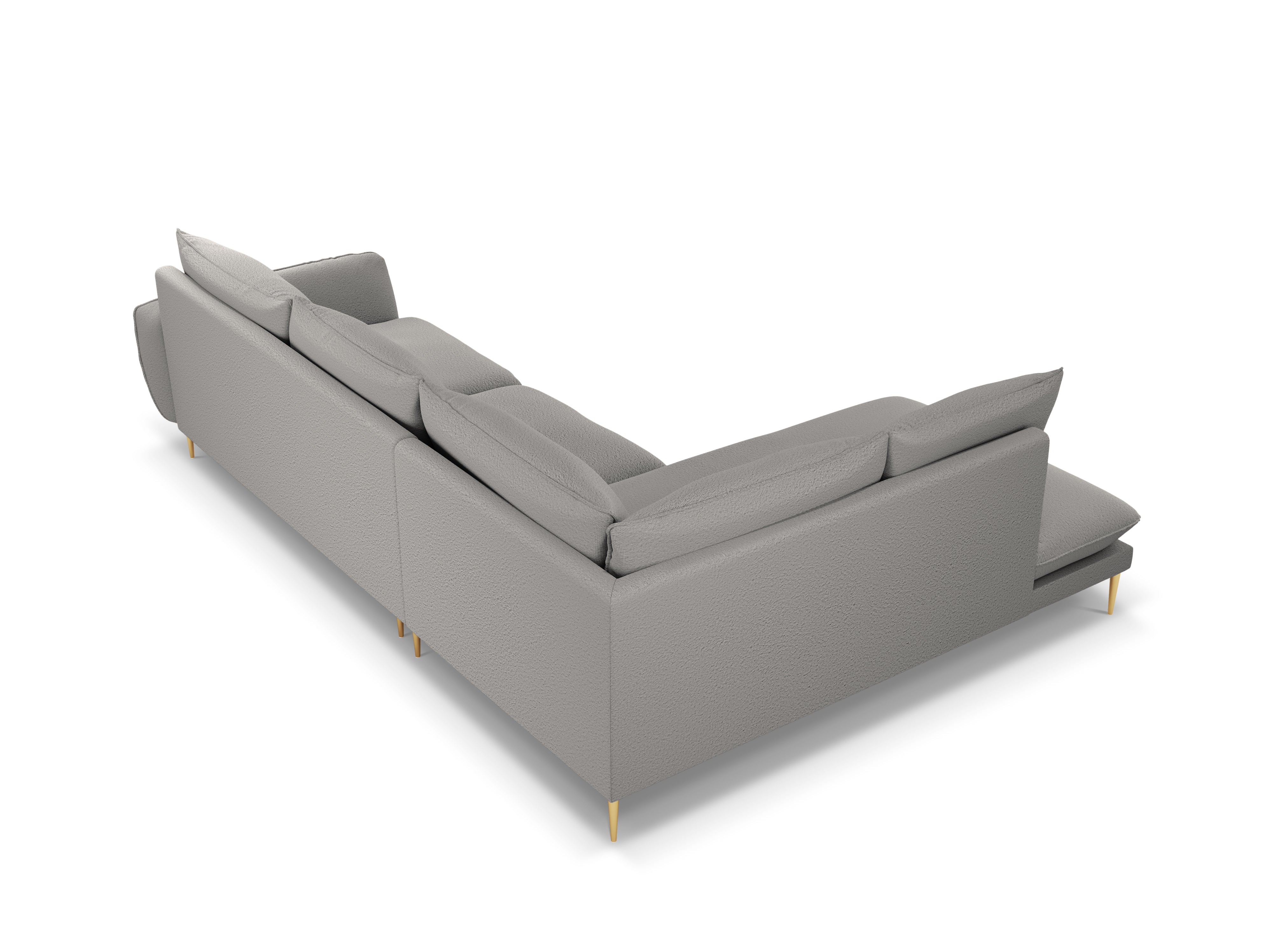 Šedý boucle rohový gauč pro 6 osob levý VIENNA se zlatou základnou