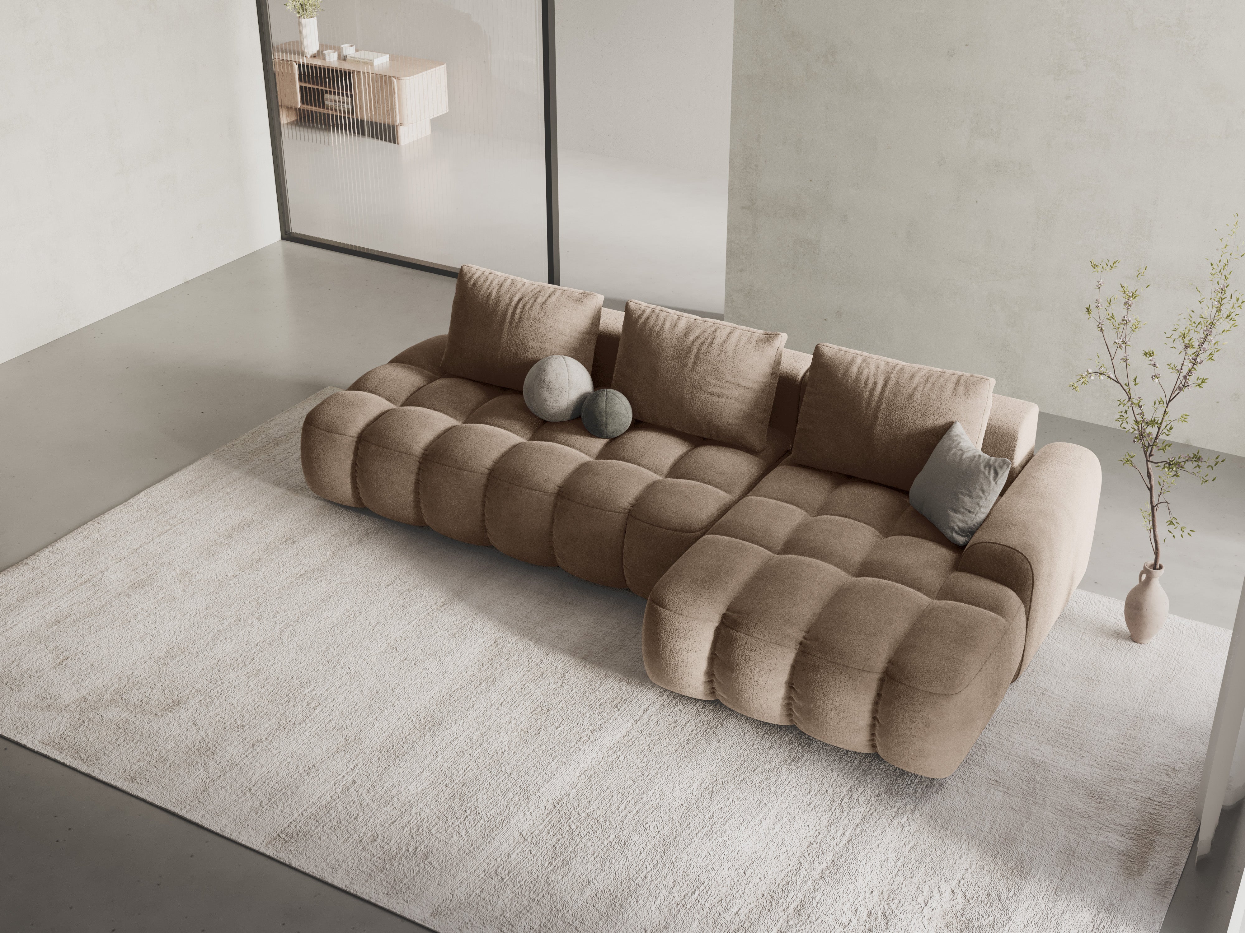 Right-facing velvet corner sofa bed for 3 people LINZ dark beige