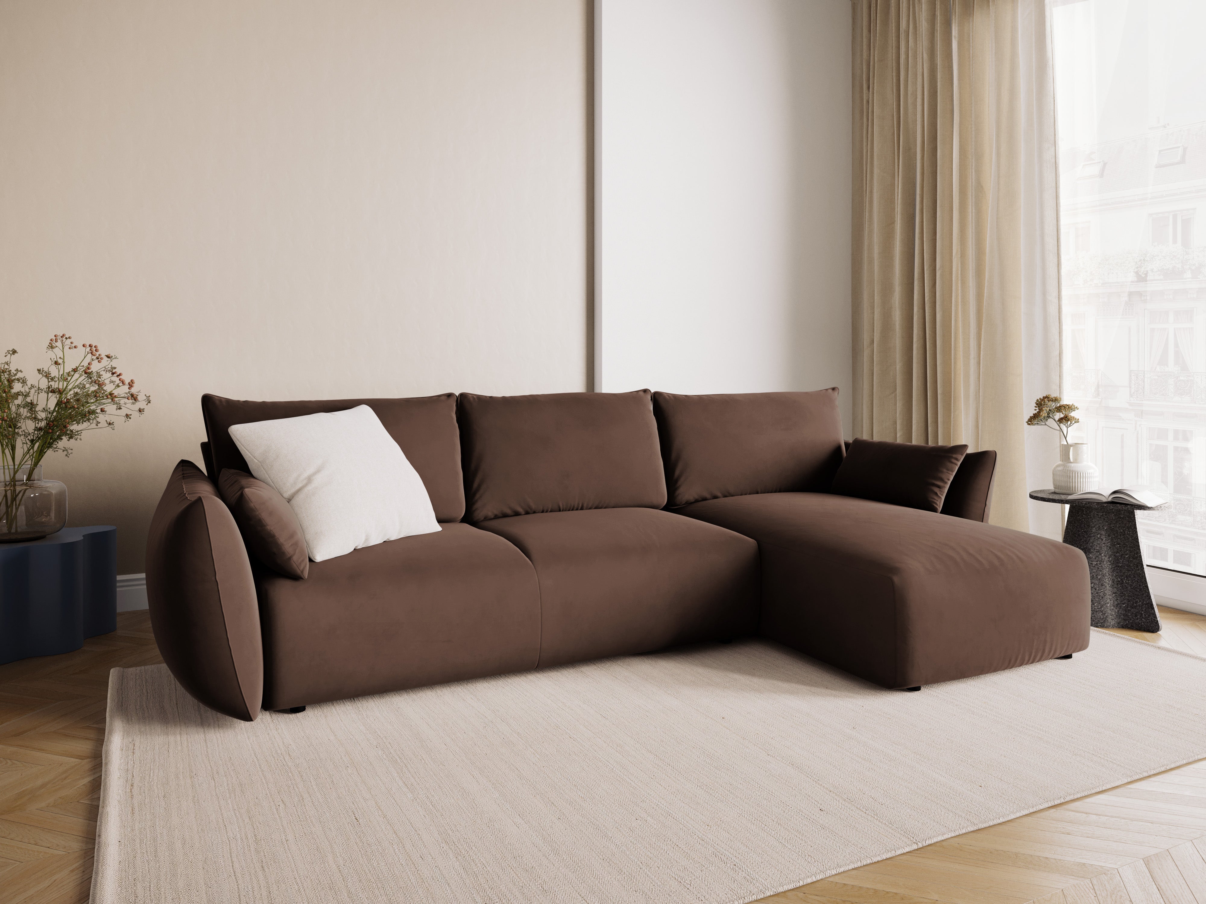Right-facing velvet corner sofa with sleeping function MATERA chocolate
