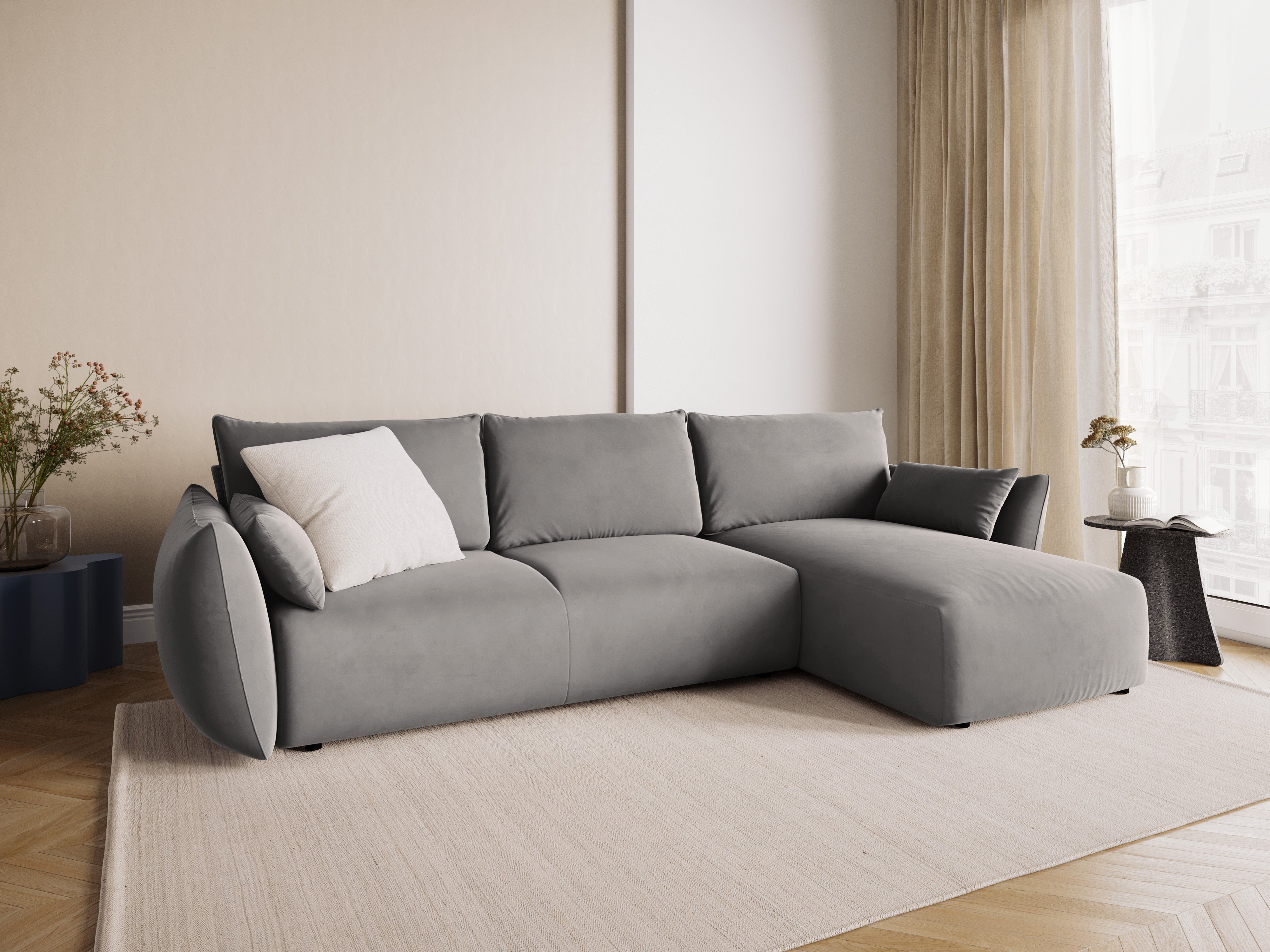 Right-facing velvet corner sofa with sleeping function MATERA gray