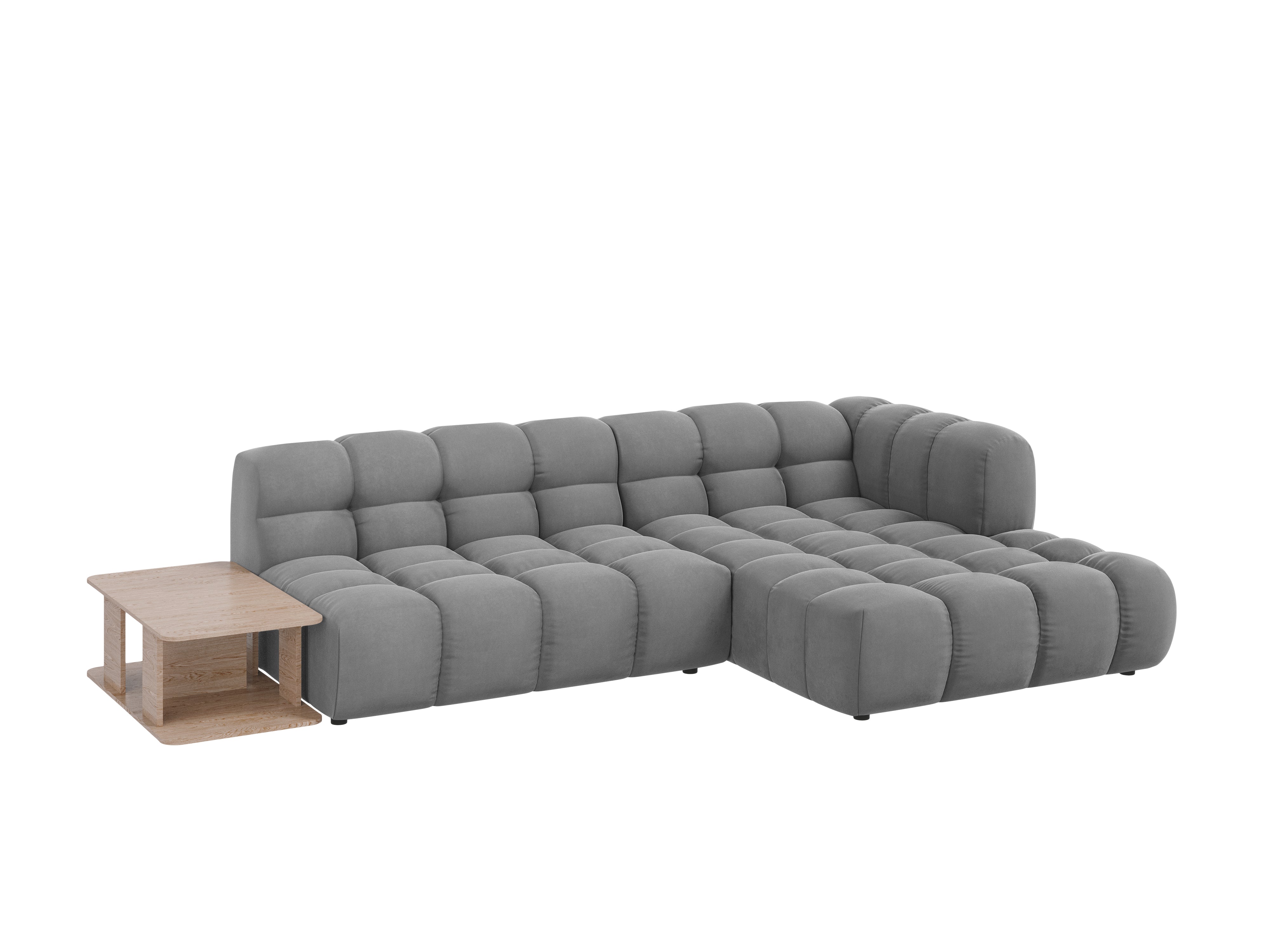 Narożnik aksamitny prawostronny 4-osobowy otwarty ze stolikiem SKY jasnoszary Cosmopolitan Design Eye on Design
