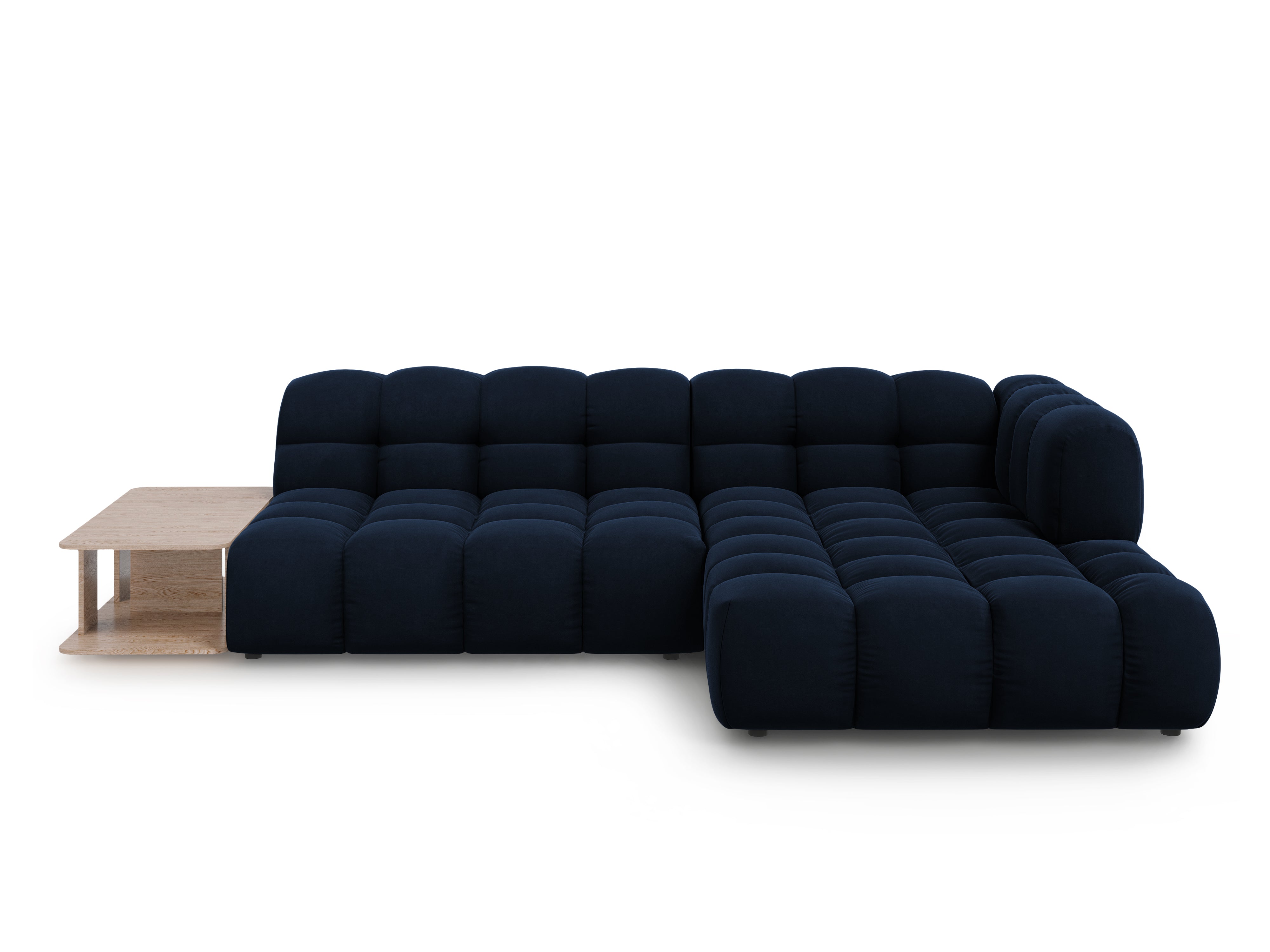 Narożnik aksamitny prawostronny 4-osobowy otwarty ze stolikiem SKY granat królewski Cosmopolitan Design Eye on Design