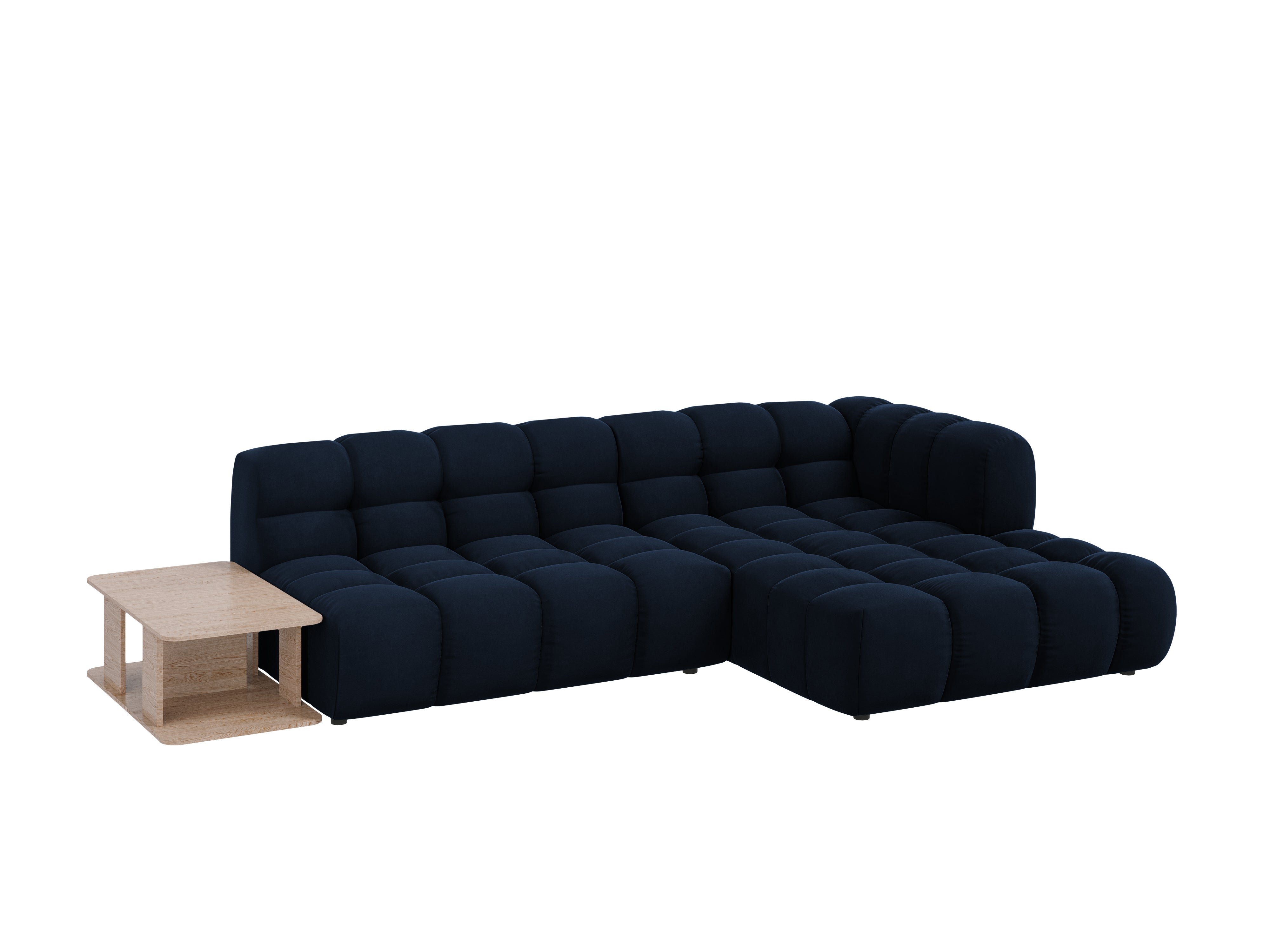 Narożnik aksamitny prawostronny 4-osobowy otwarty ze stolikiem SKY granat królewski Cosmopolitan Design Eye on Design
