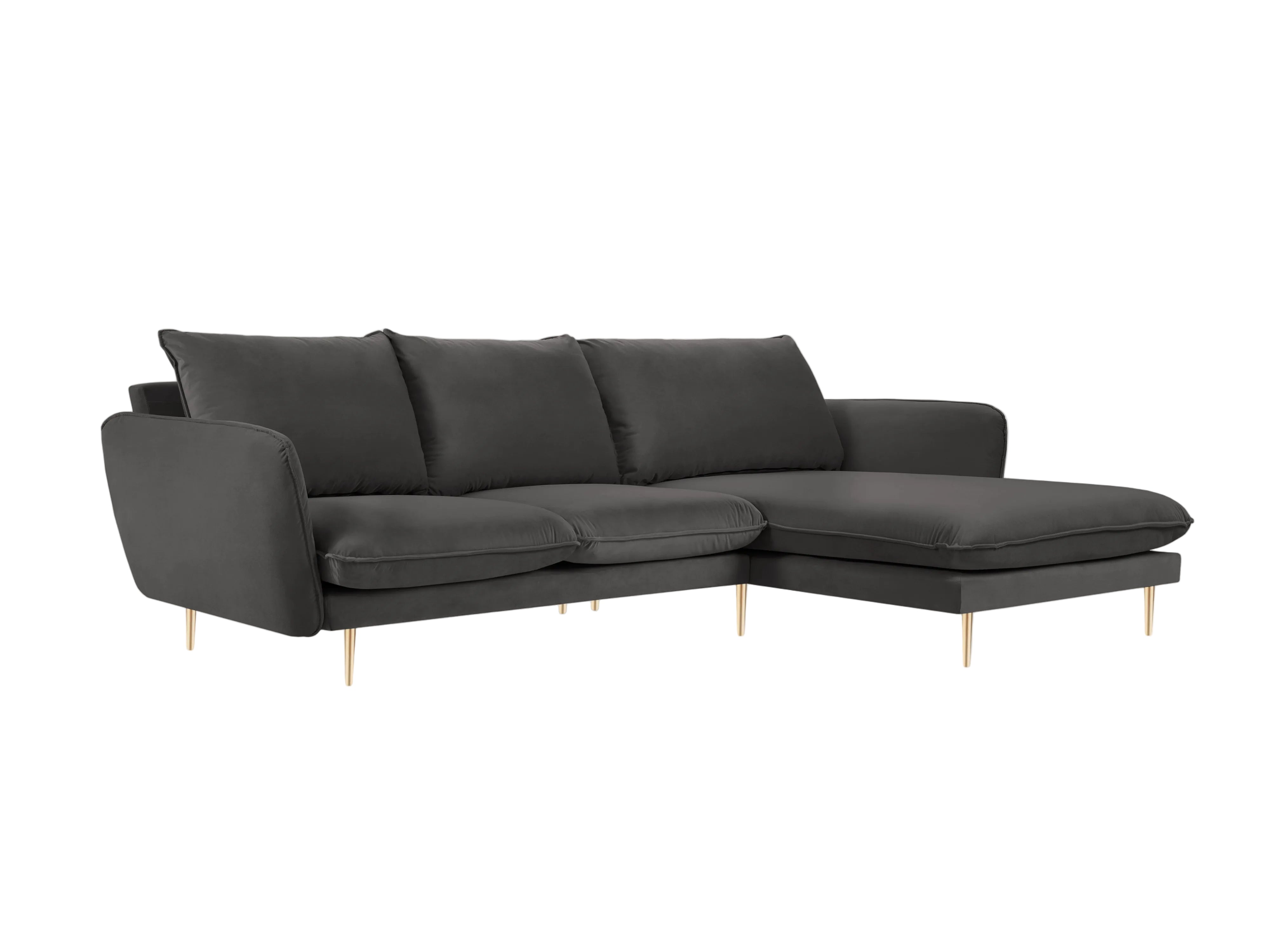 Sametový rohový gauč pravostranný pro 5 osob VIENNA tmavě šedý se zlatým podstavcem