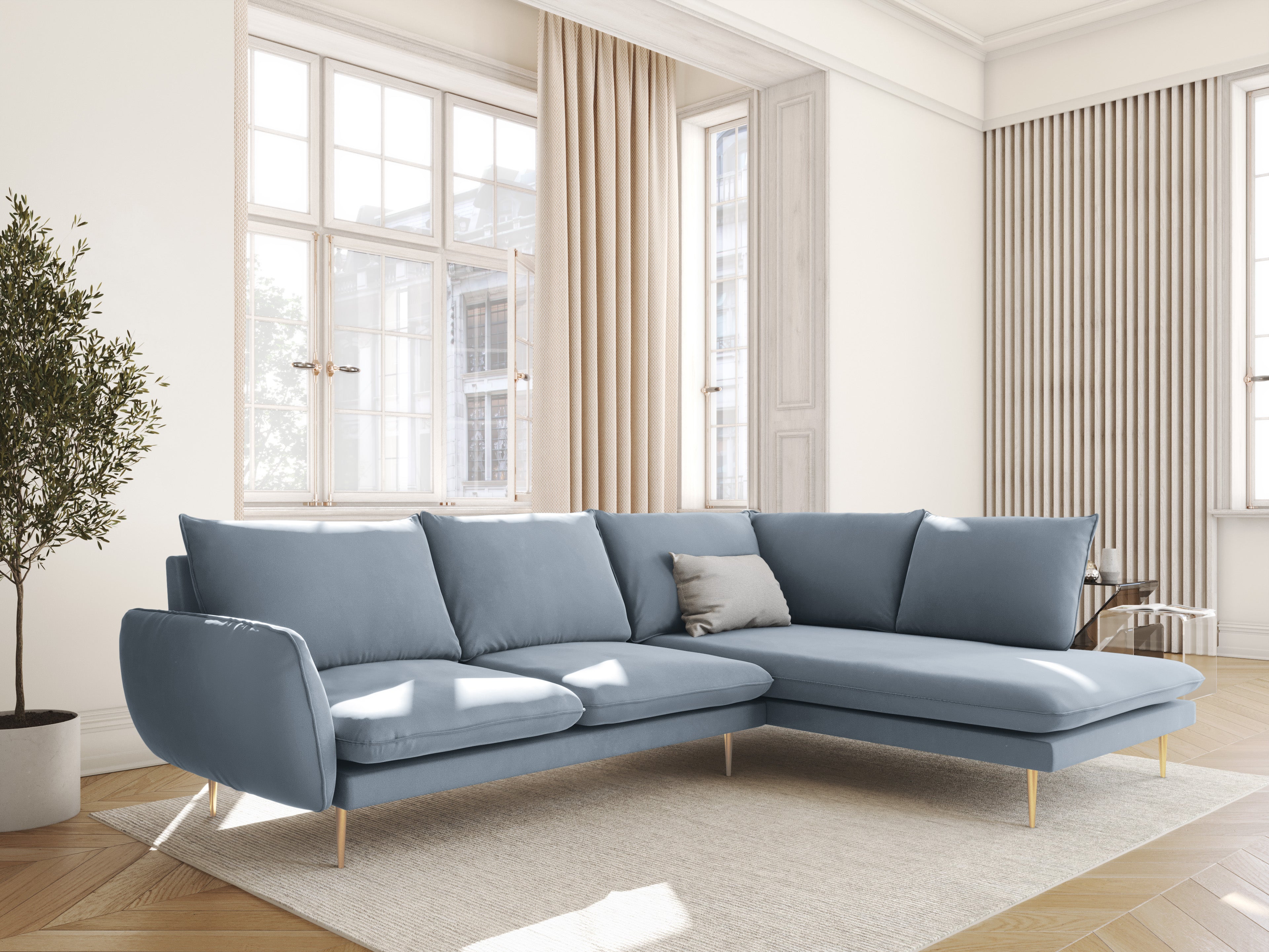 Velvet Corner Sofa Right-Hand 5-Seater VIENNA Light Blue with Gold Base