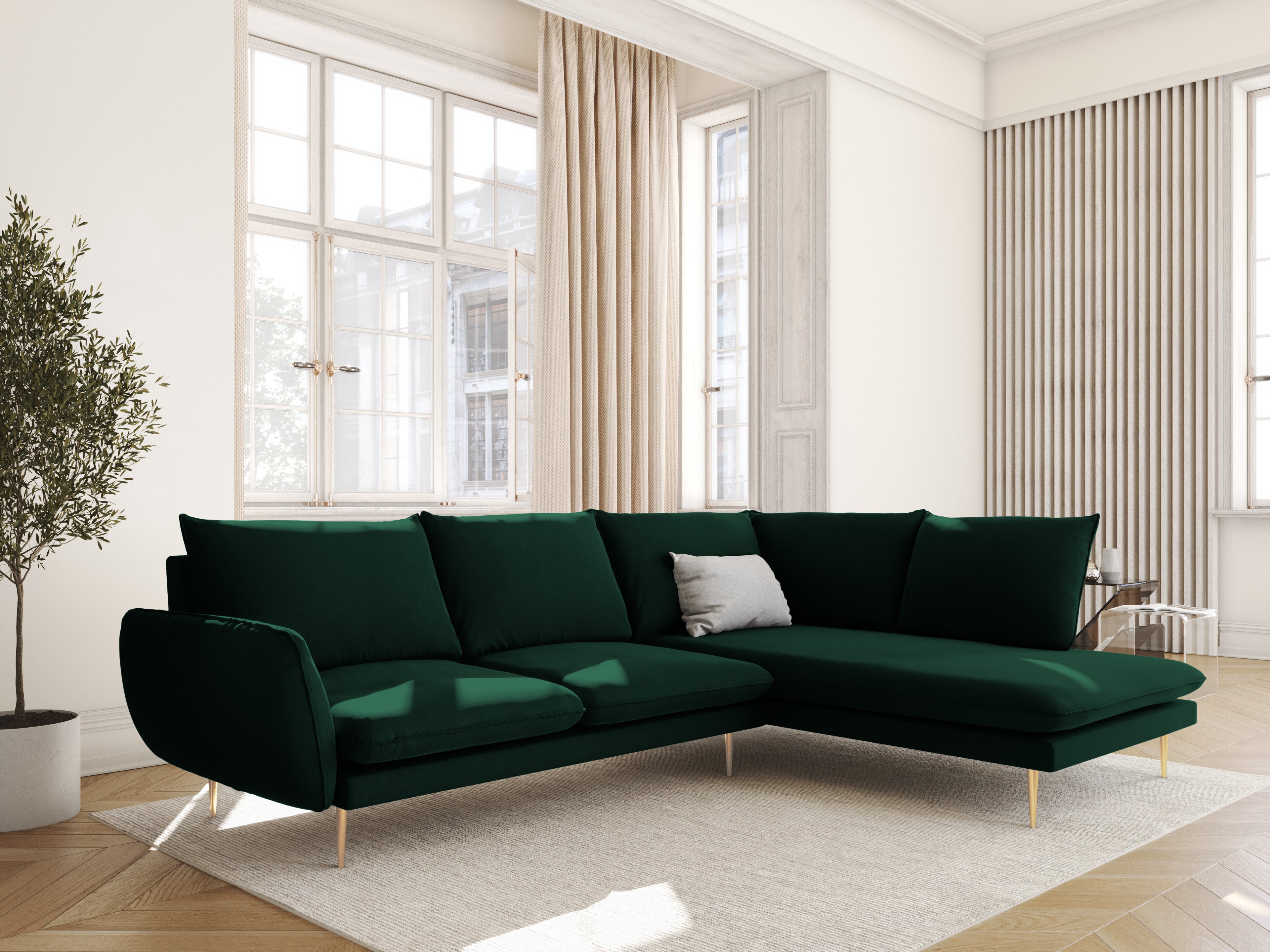 Velvet corner sofa for 6 people, right-facing, VIENNA in bottle green with a gold base