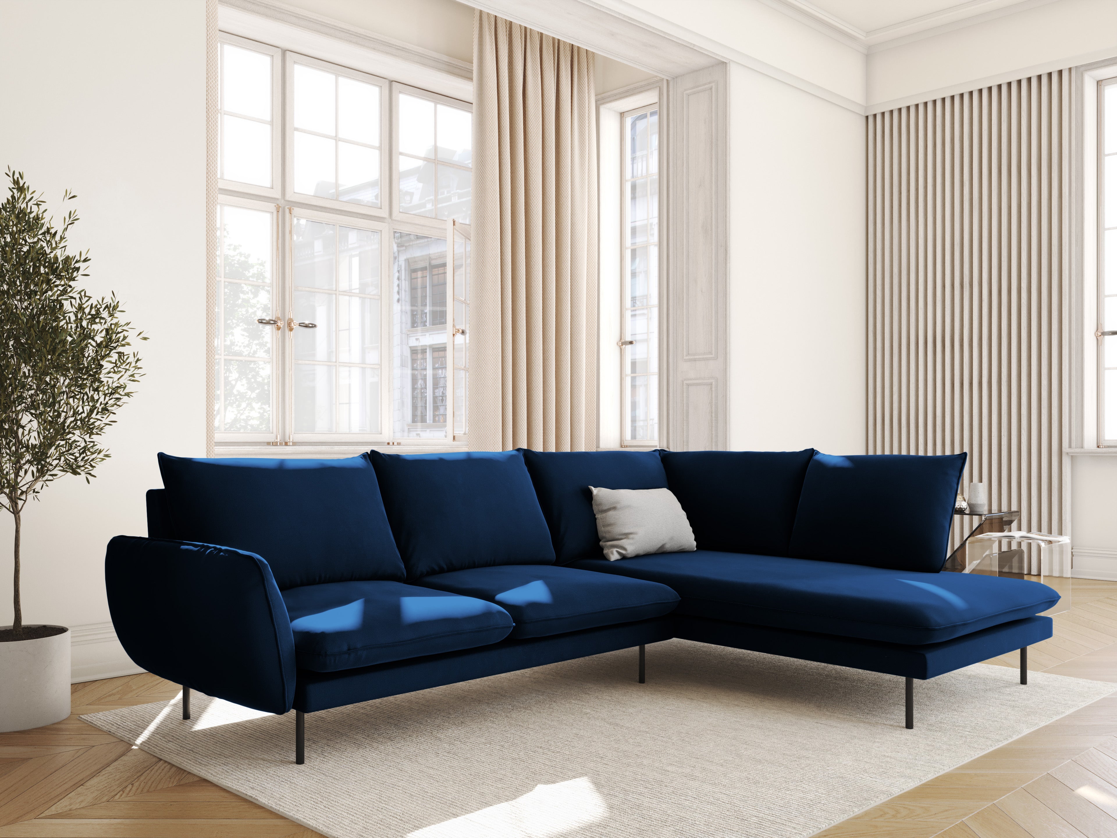 Velvet Corner Sofa for 6 People Right-Hand Side VIENNA Royal Blue with Black Base