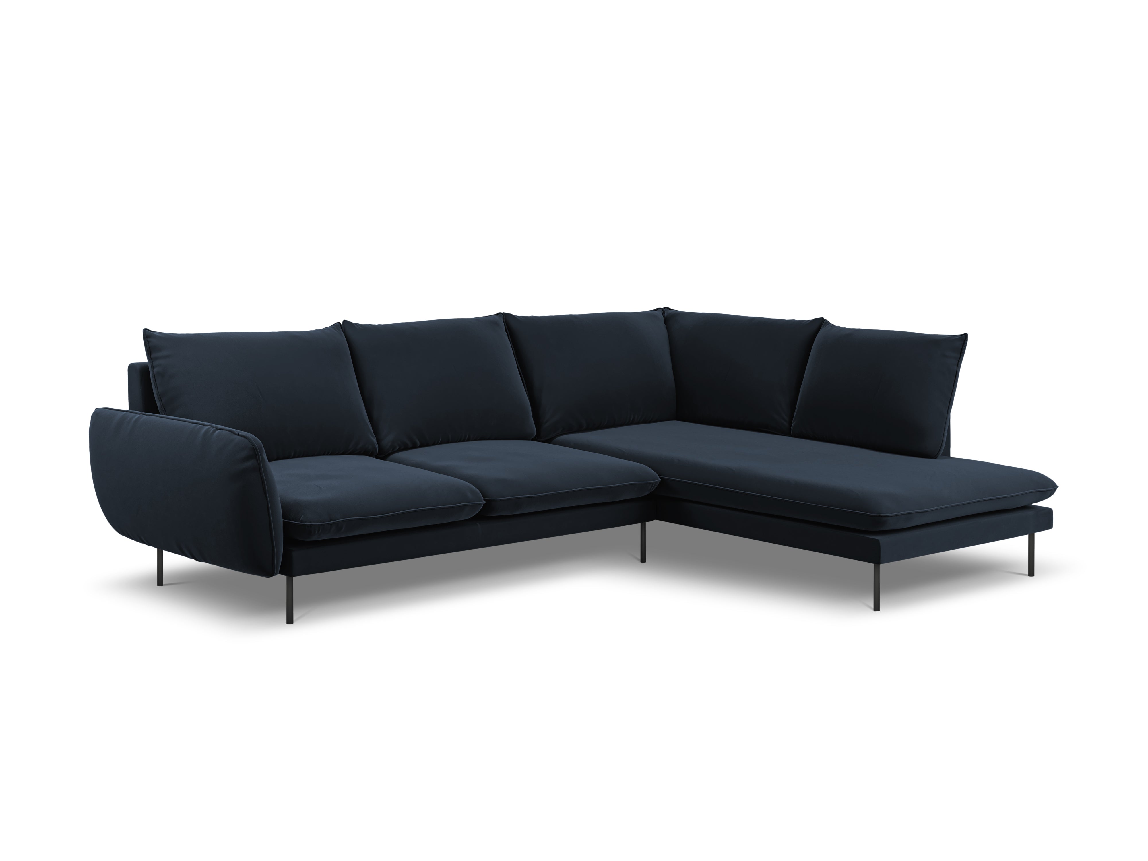 Velvet Corner Sofa for 6 People Right-Hand Side VIENNA Dark Blue with Black Base