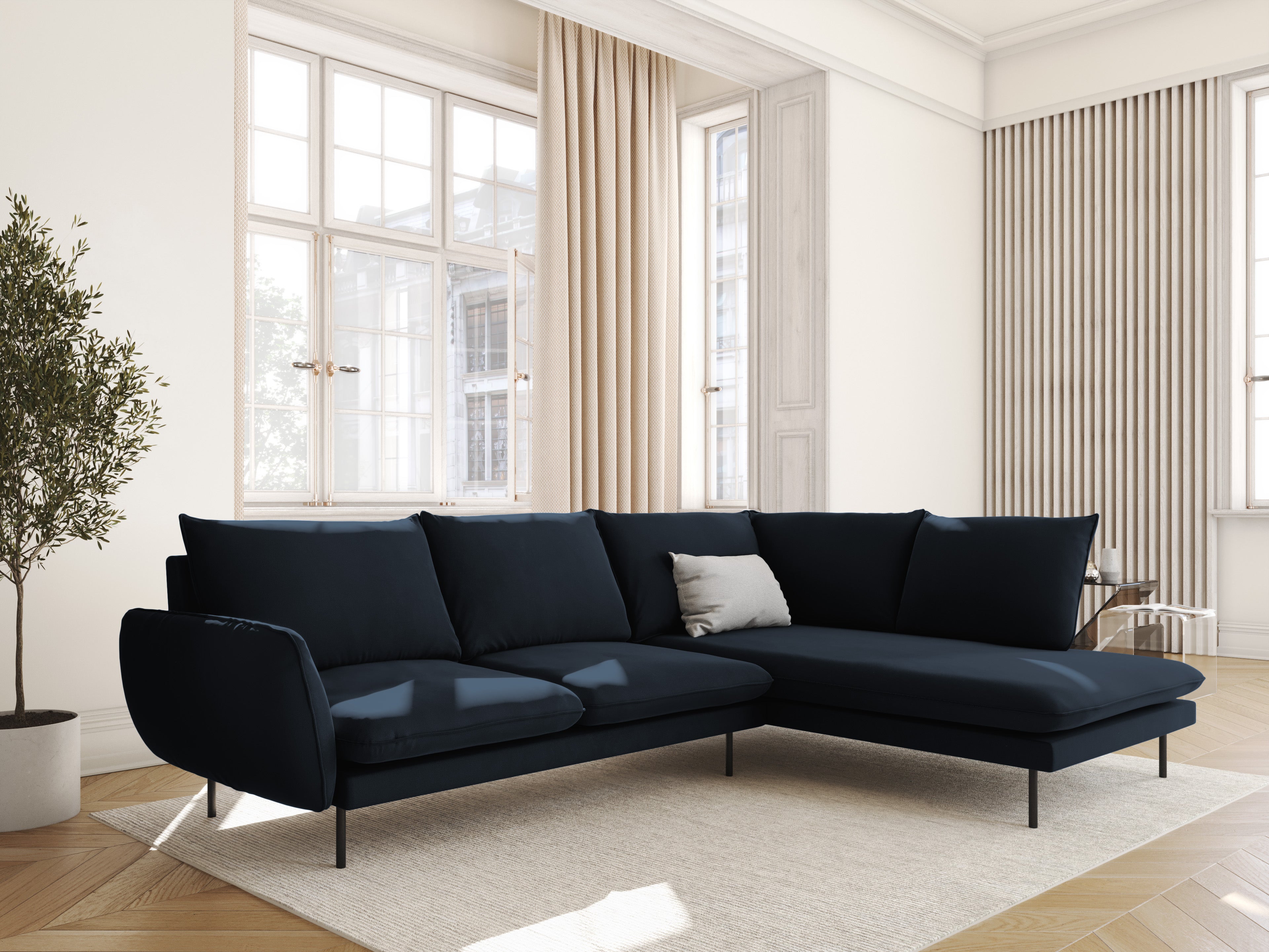 Sofa panoramatická sametová pro 6 osob VIENNA tmavě modrá s černým podstavcem