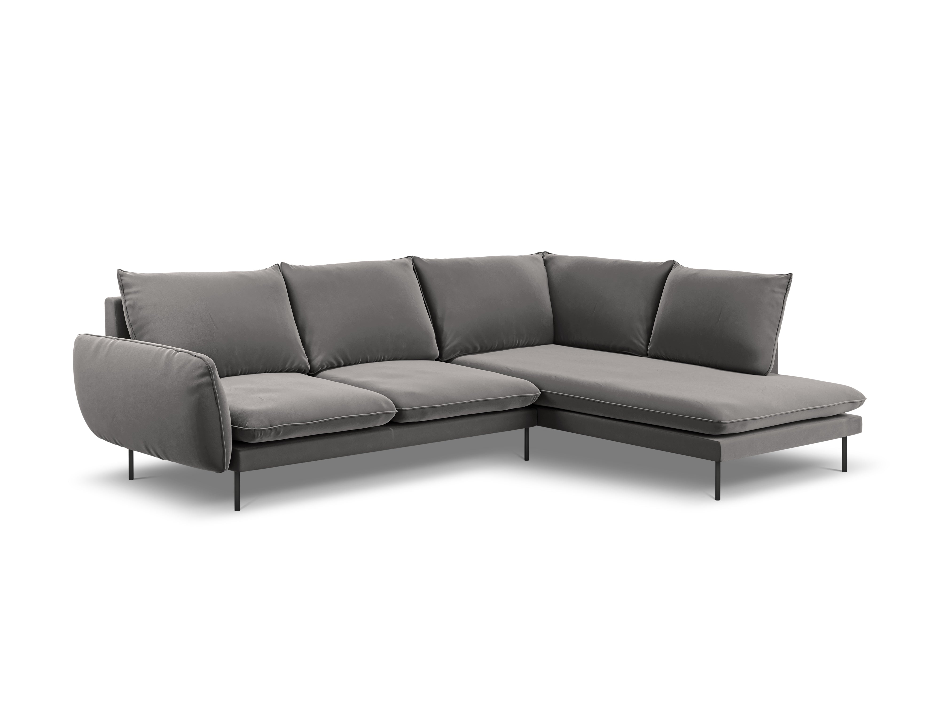 Velvet corner sofa for 6 people, right-facing VIENNA in light gray with a black base