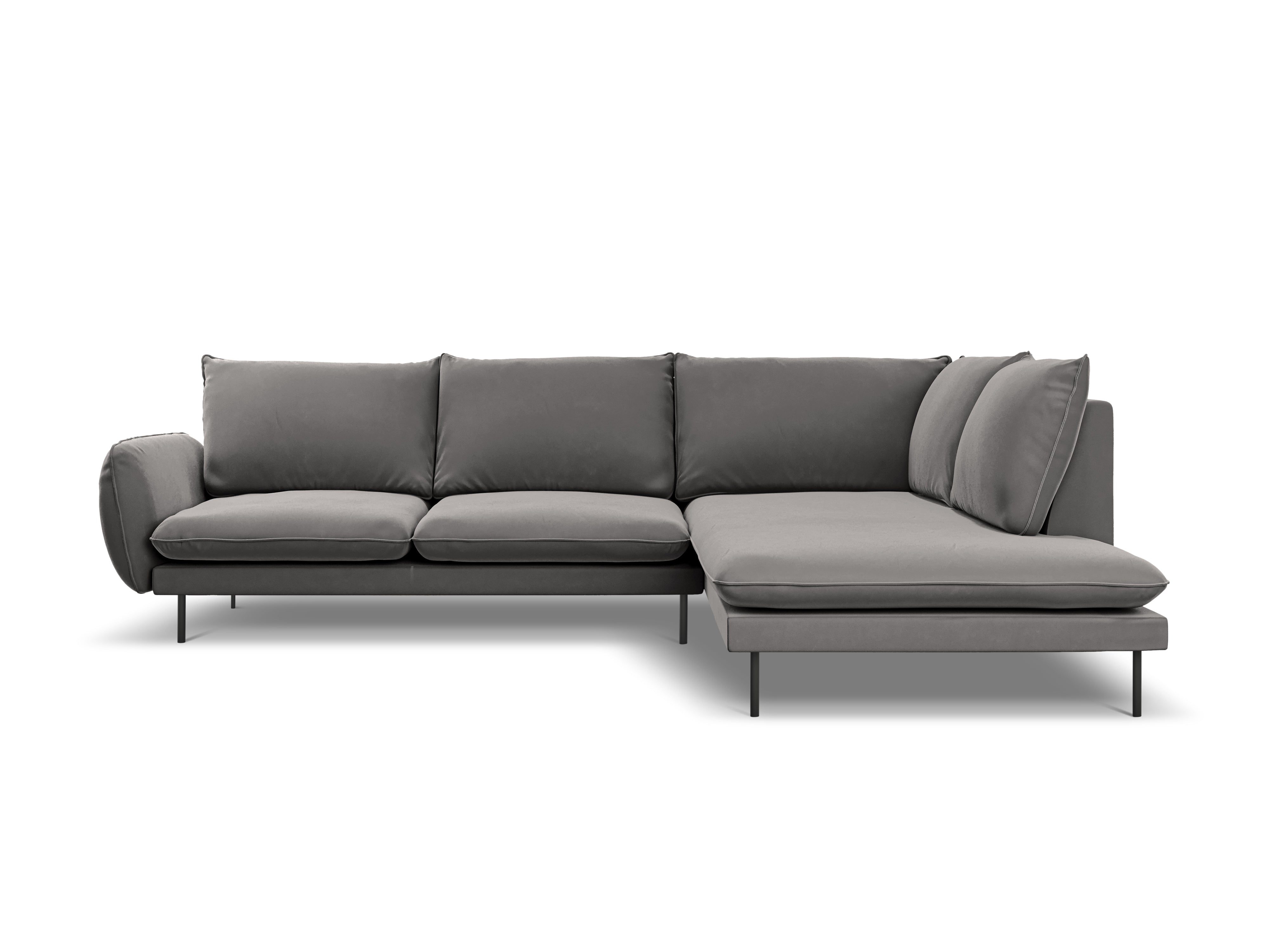 Right-facing velvet corner sofa for 5 people VIENNA in light gray with a black base