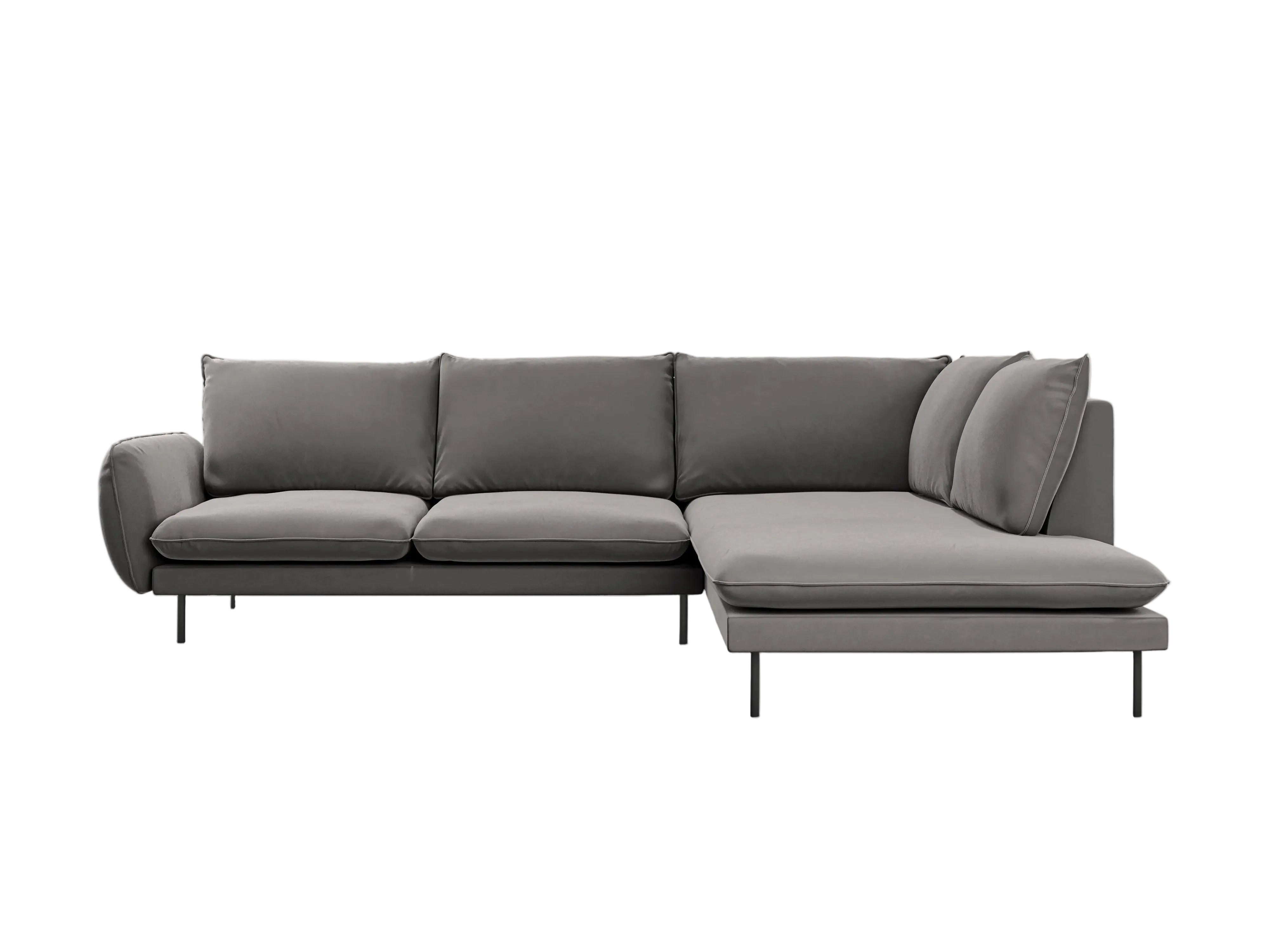 Velvet corner sofa for 6 people, right-facing VIENNA in light gray with a black base
