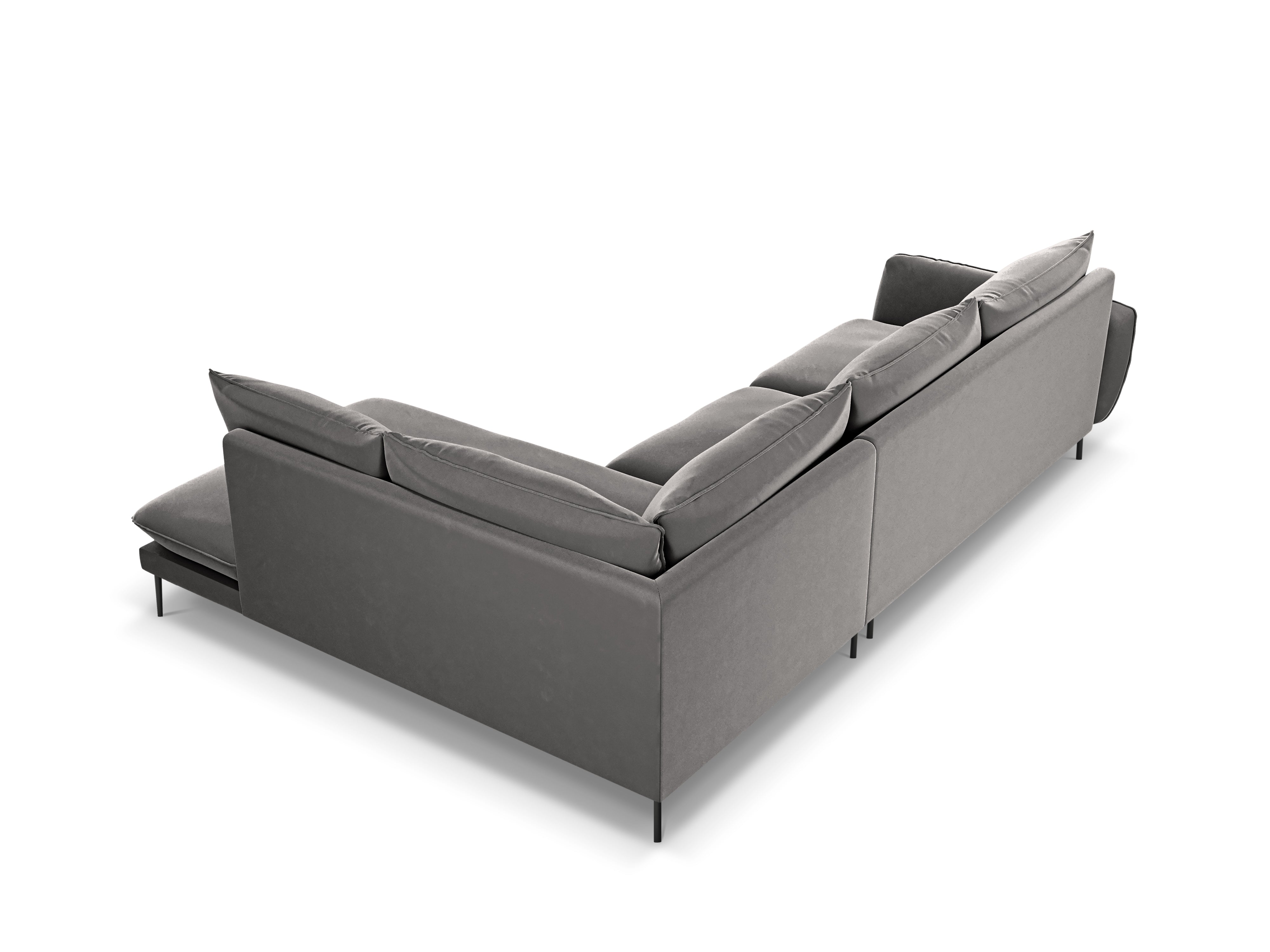 Velvet corner sofa for 6 people, right-facing VIENNA in light gray with a black base