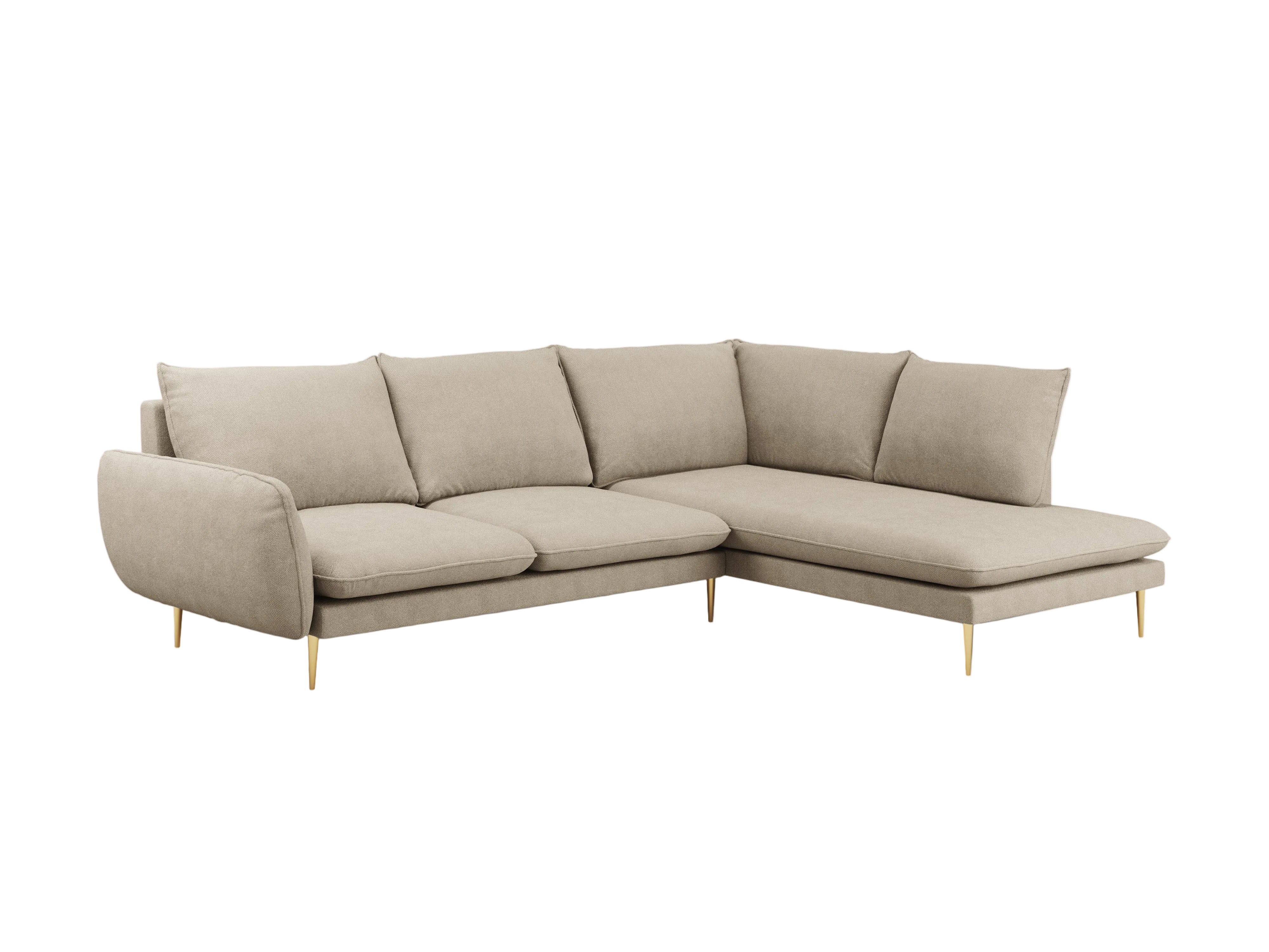 Right-facing 6-seater corner sofa VIENNA beige chenille with gold base