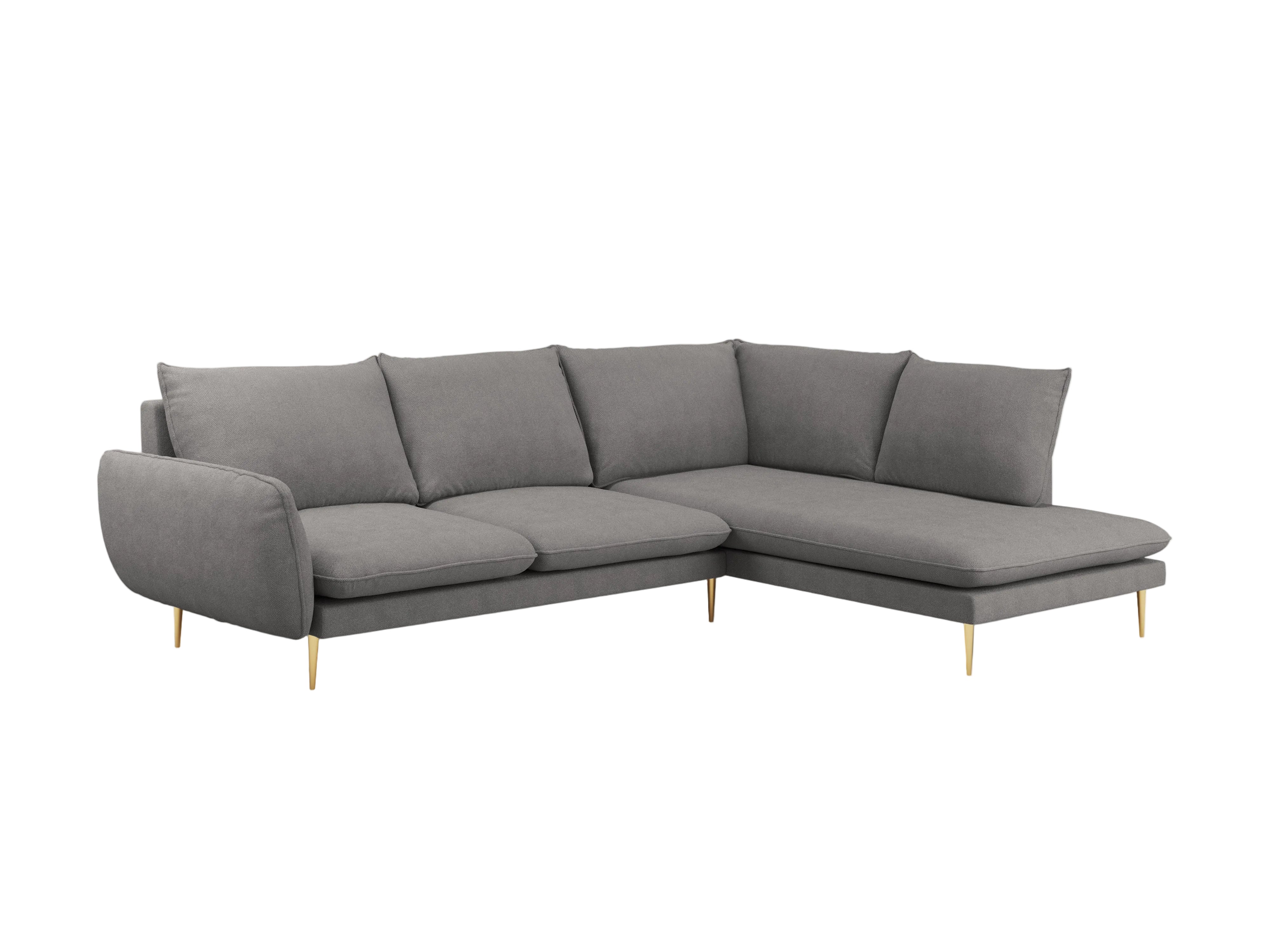 Right-facing 6-seater corner sofa VIENNA in gray chenille with a gold base