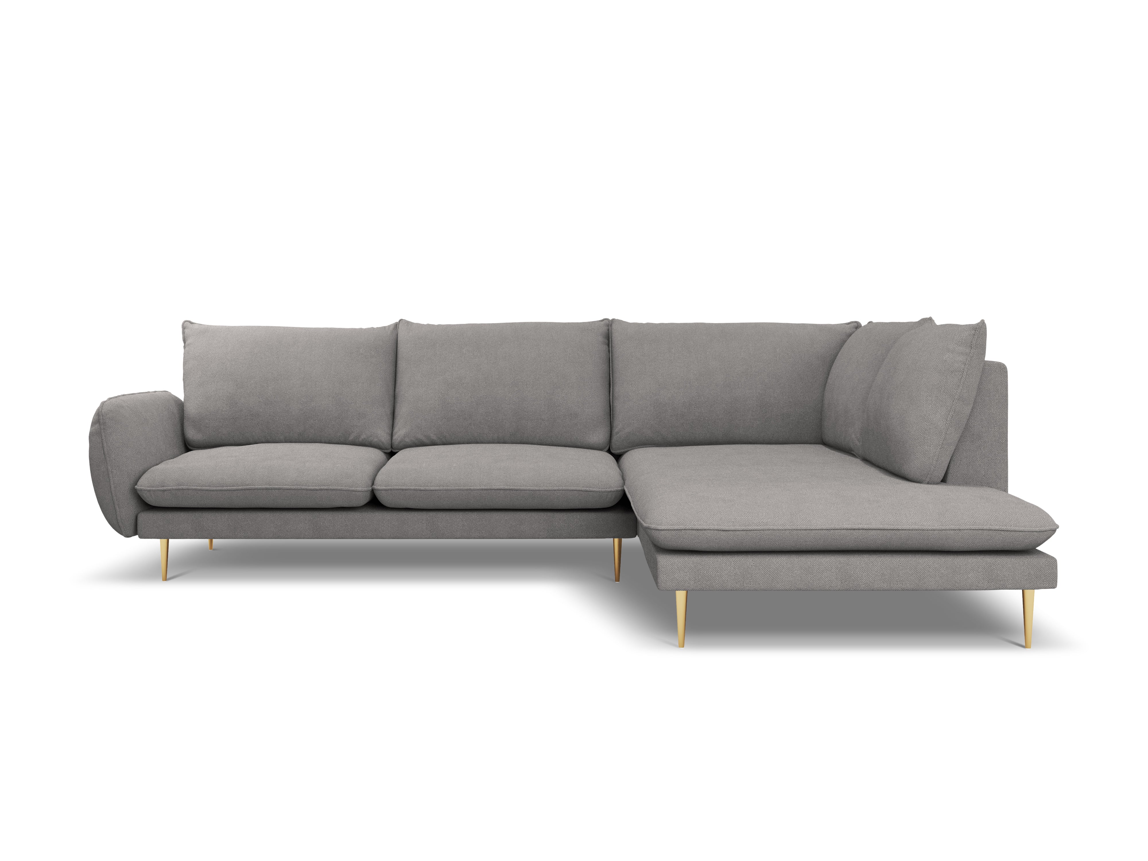 Right-facing 6-seater corner sofa VIENNA in gray chenille with a gold base