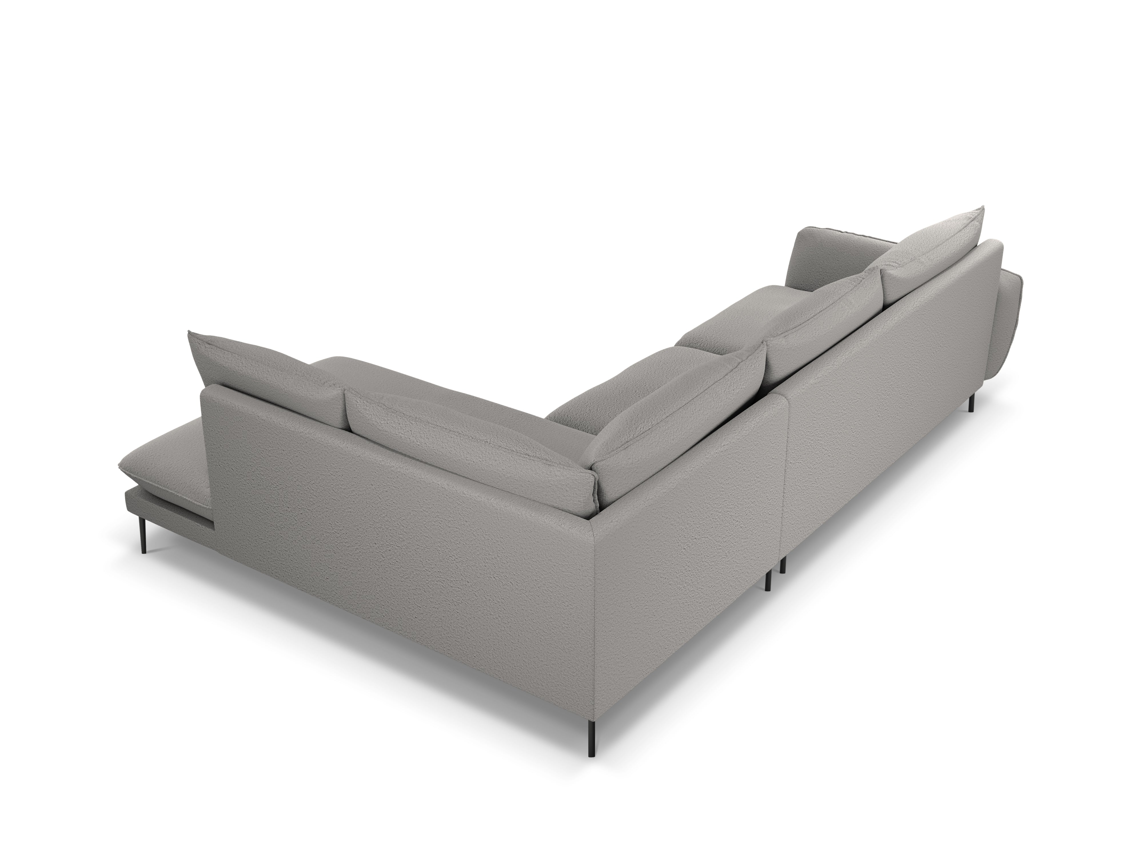 Right-facing 6-seater corner sofa VIENNA in gray boucle with a black base