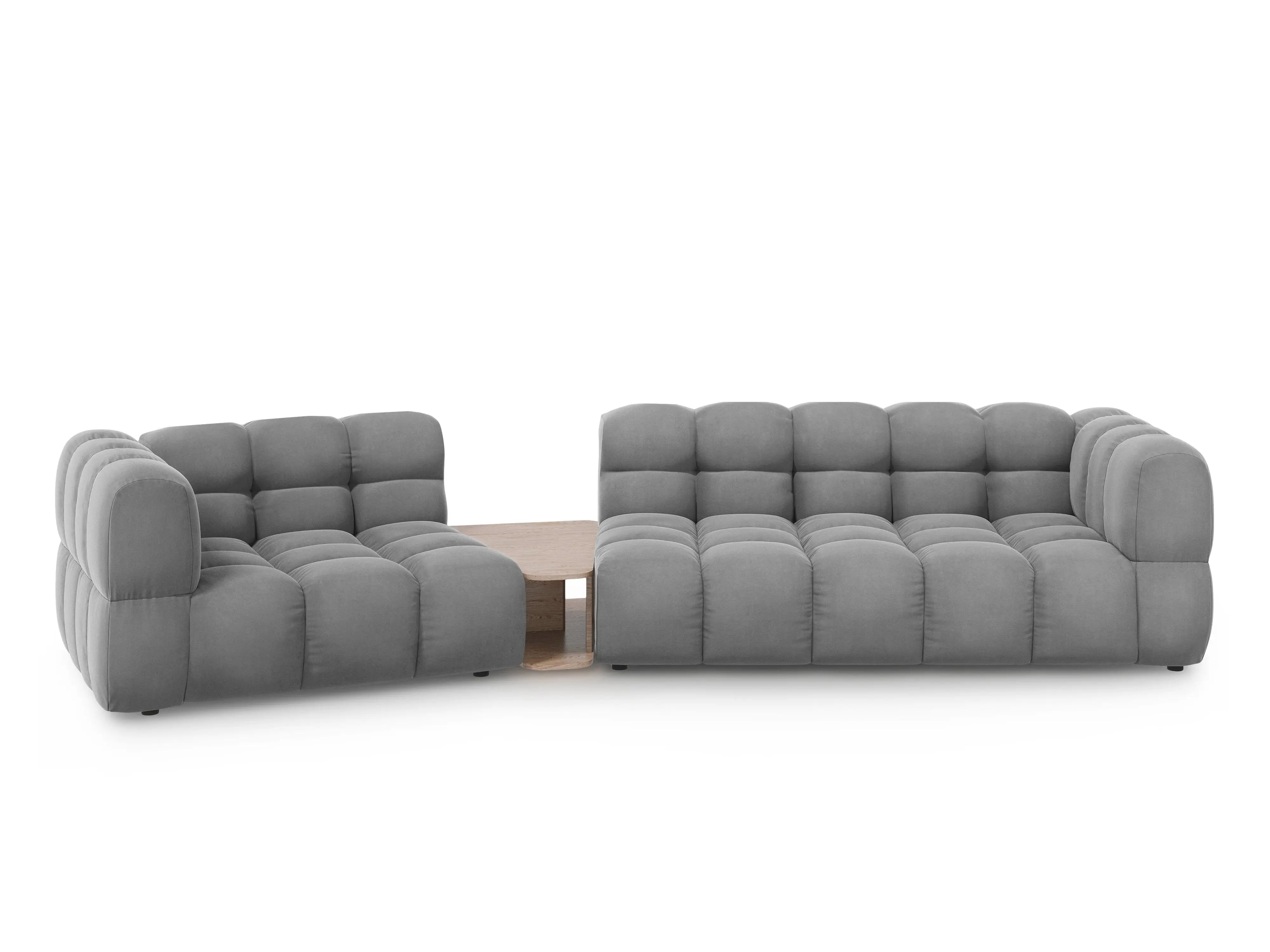 Sofa aksamitna lewostronna 3-osobowa zaokrąglona ze stolikiem SKY jasnoszary – Cosmopolitan Design