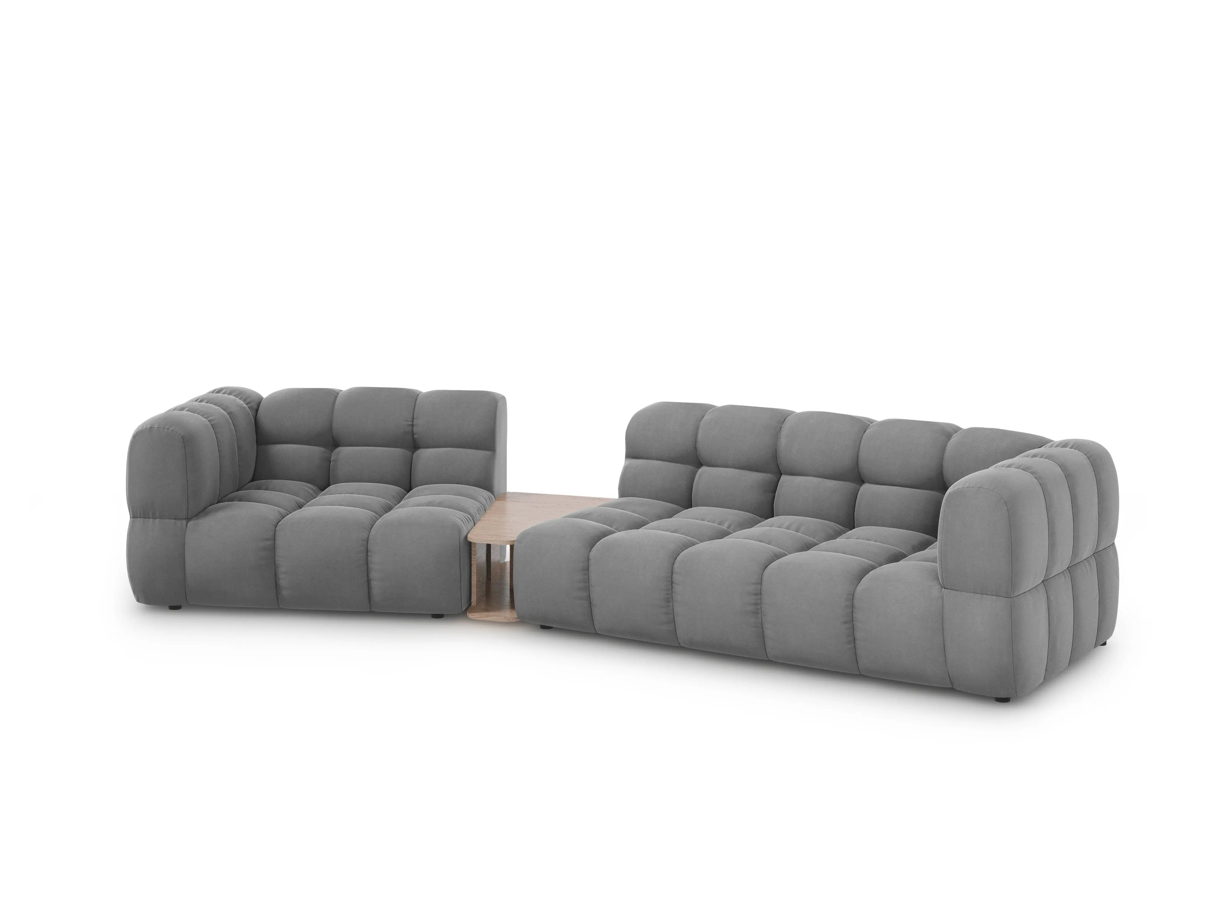 Sofa aksamitna lewostronna 3-osobowa zaokrąglona ze stolikiem SKY jasnoszary do salonu