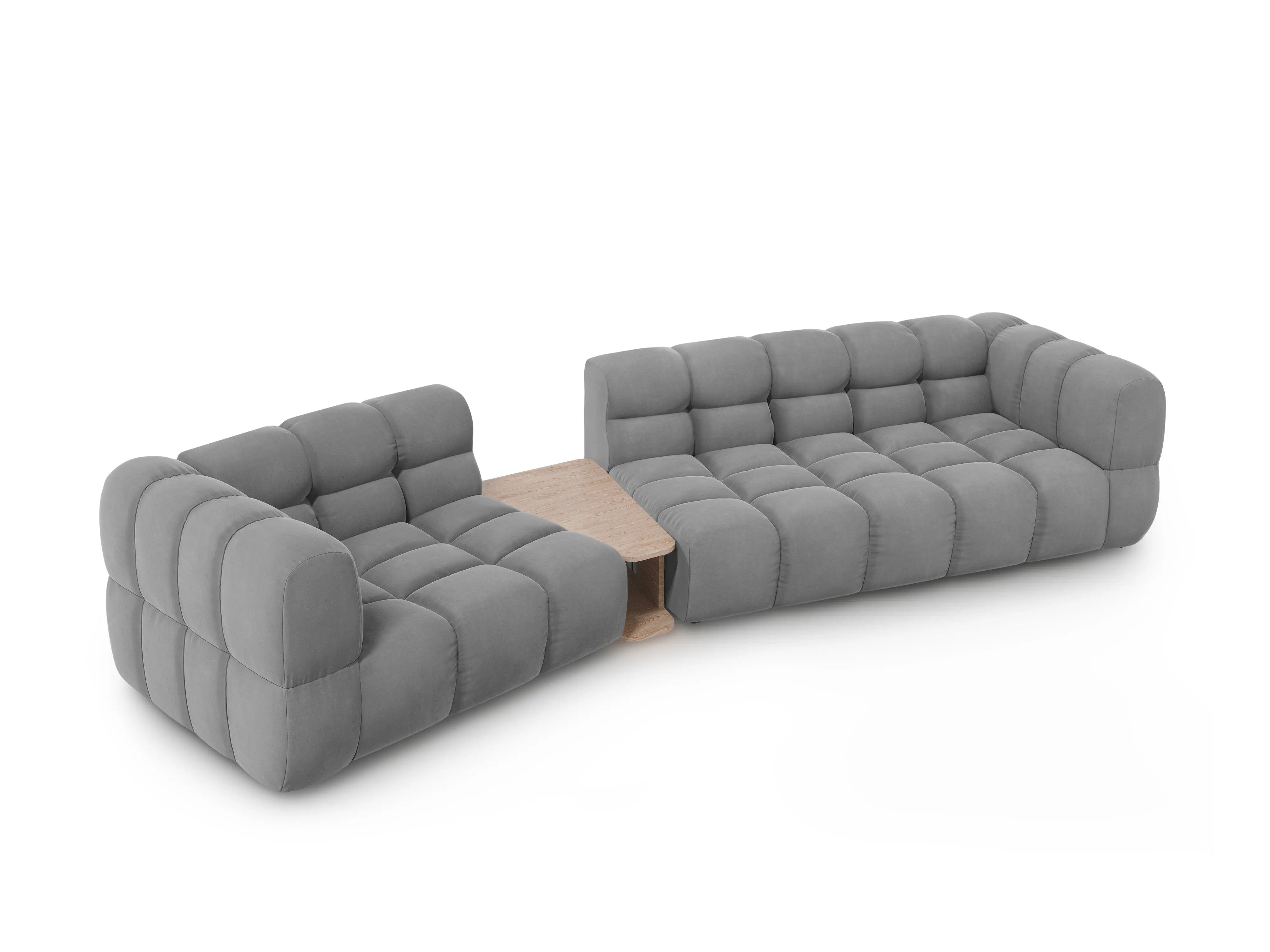 Sofa aksamitna lewostronna 3-osobowa zaokrąglona ze stolikiem SKY jasnoszary do salonu – Cosmopolitan Design