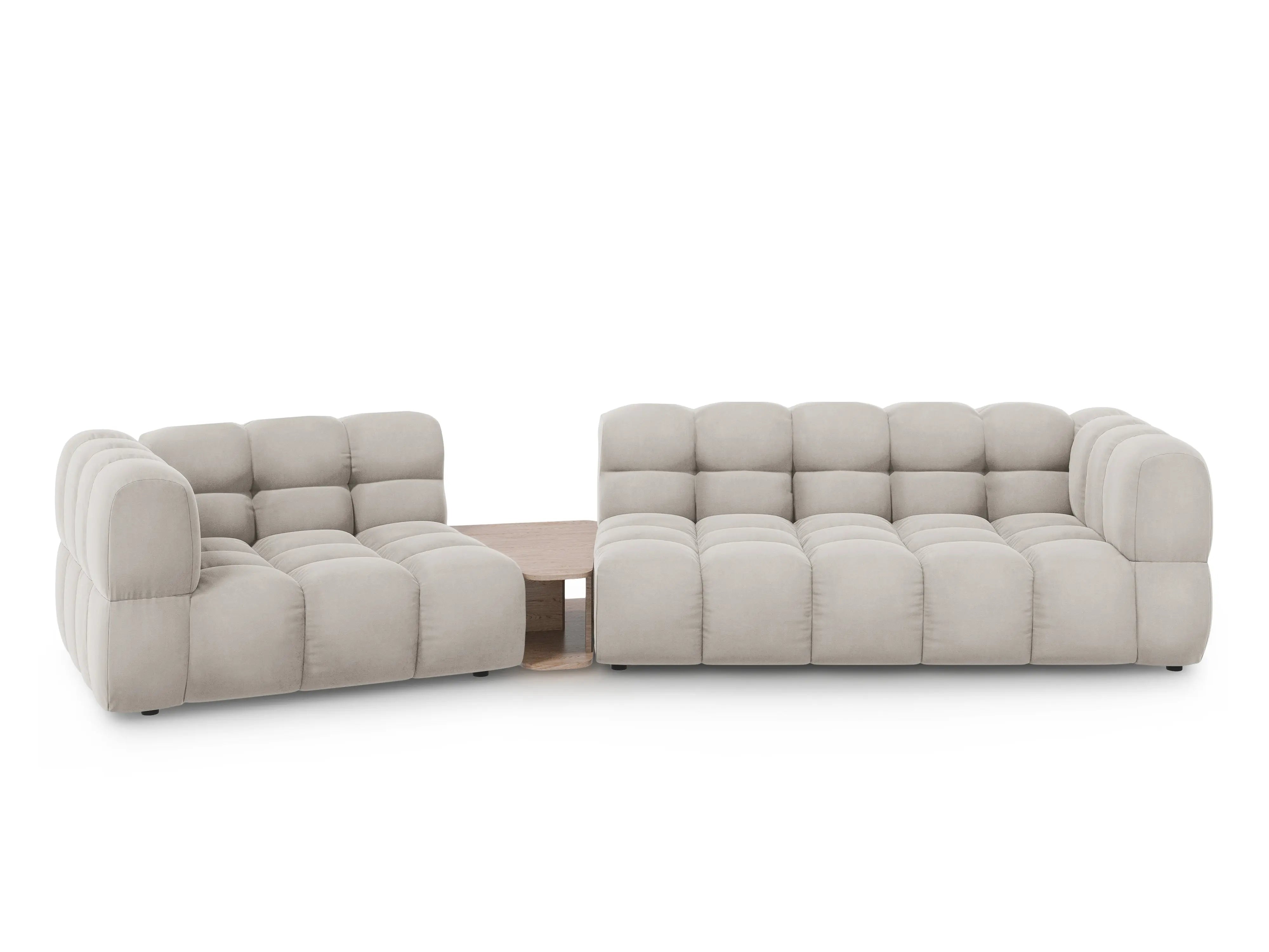 Sofa aksamitna lewostronna 3-osobowa zaokrąglona ze stolikiem SKY jasnobeżowy – Cosmopolitan Design