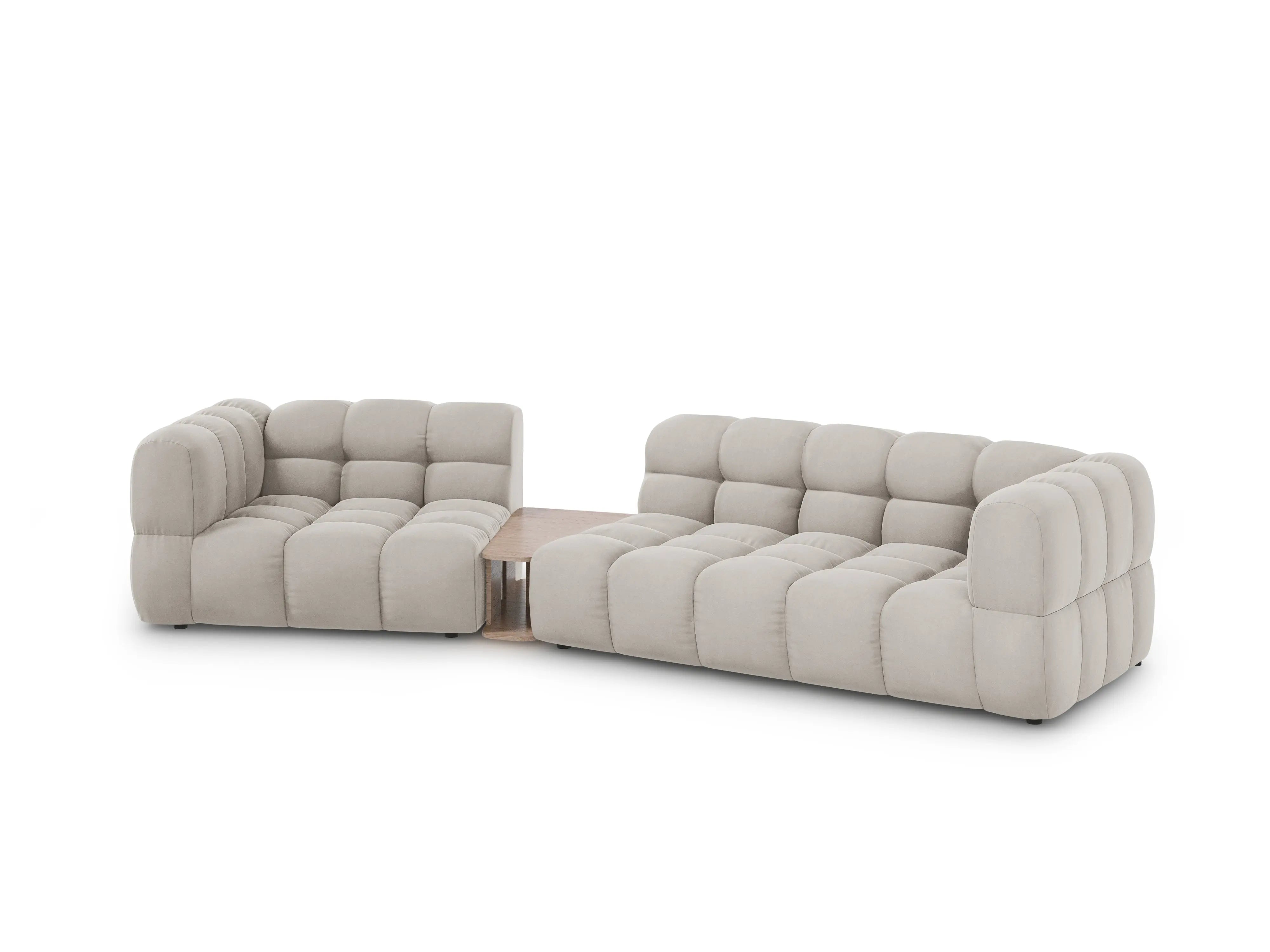Sofa aksamitna lewostronna 3-osobowa zaokrąglona ze stolikiem SKY jasnobeżowy do salonu
