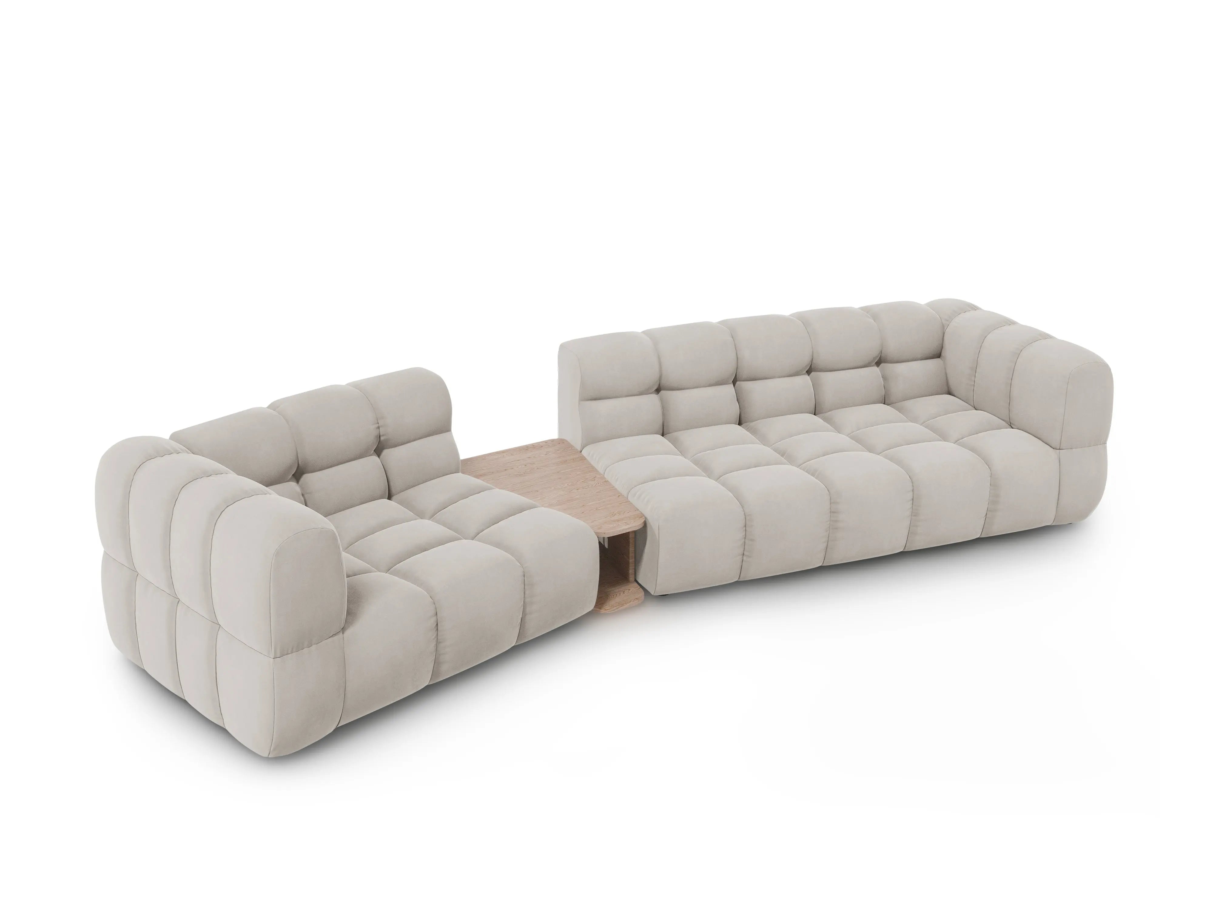 Sofa aksamitna lewostronna 3-osobowa zaokrąglona ze stolikiem SKY jasnobeżowy do salonu – Cosmopolitan Design