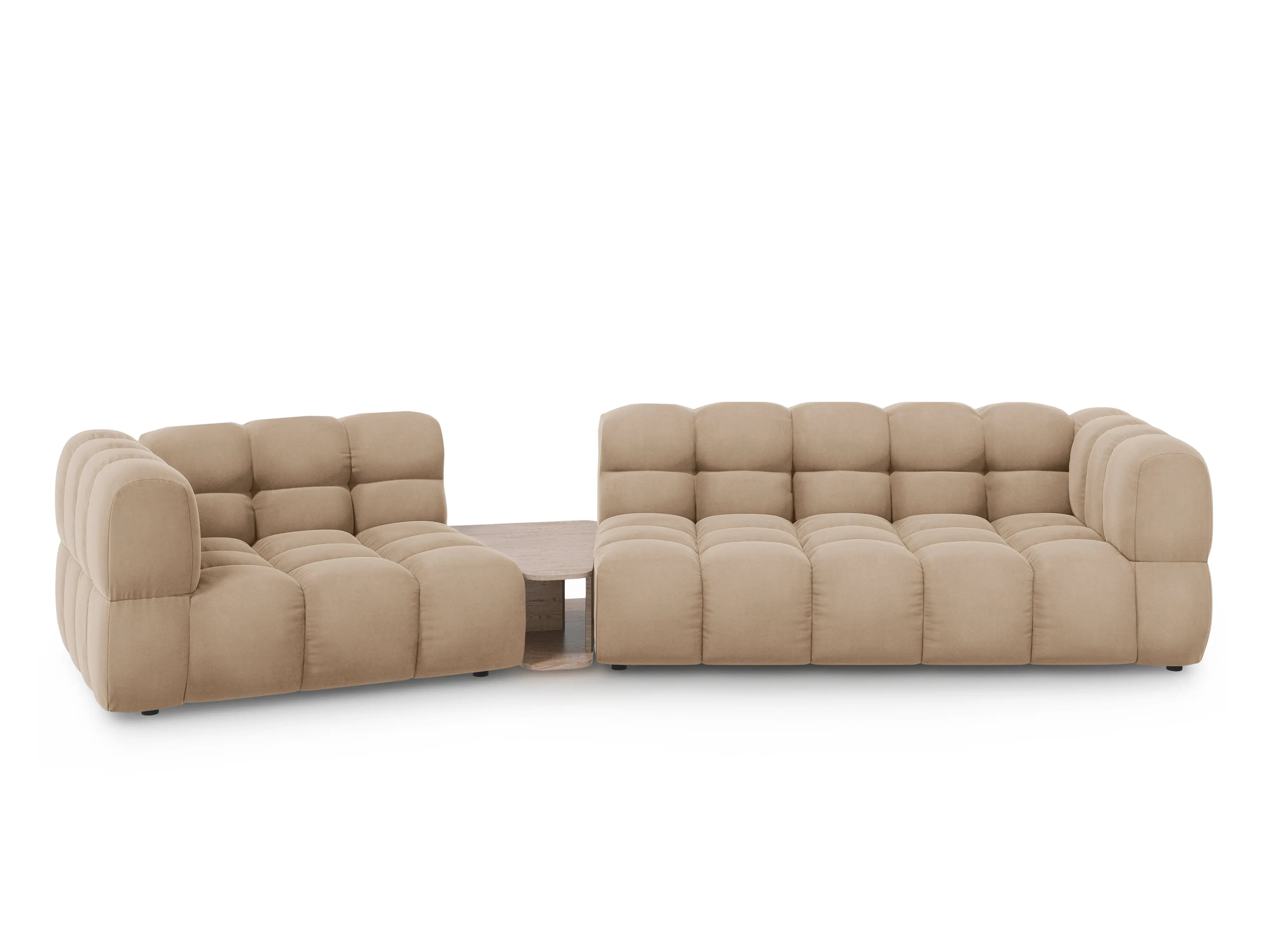 Sofa aksamitna lewostronna 3-osobowa zaokrąglona ze stolikiem SKY piaskowy – Cosmopolitan Design