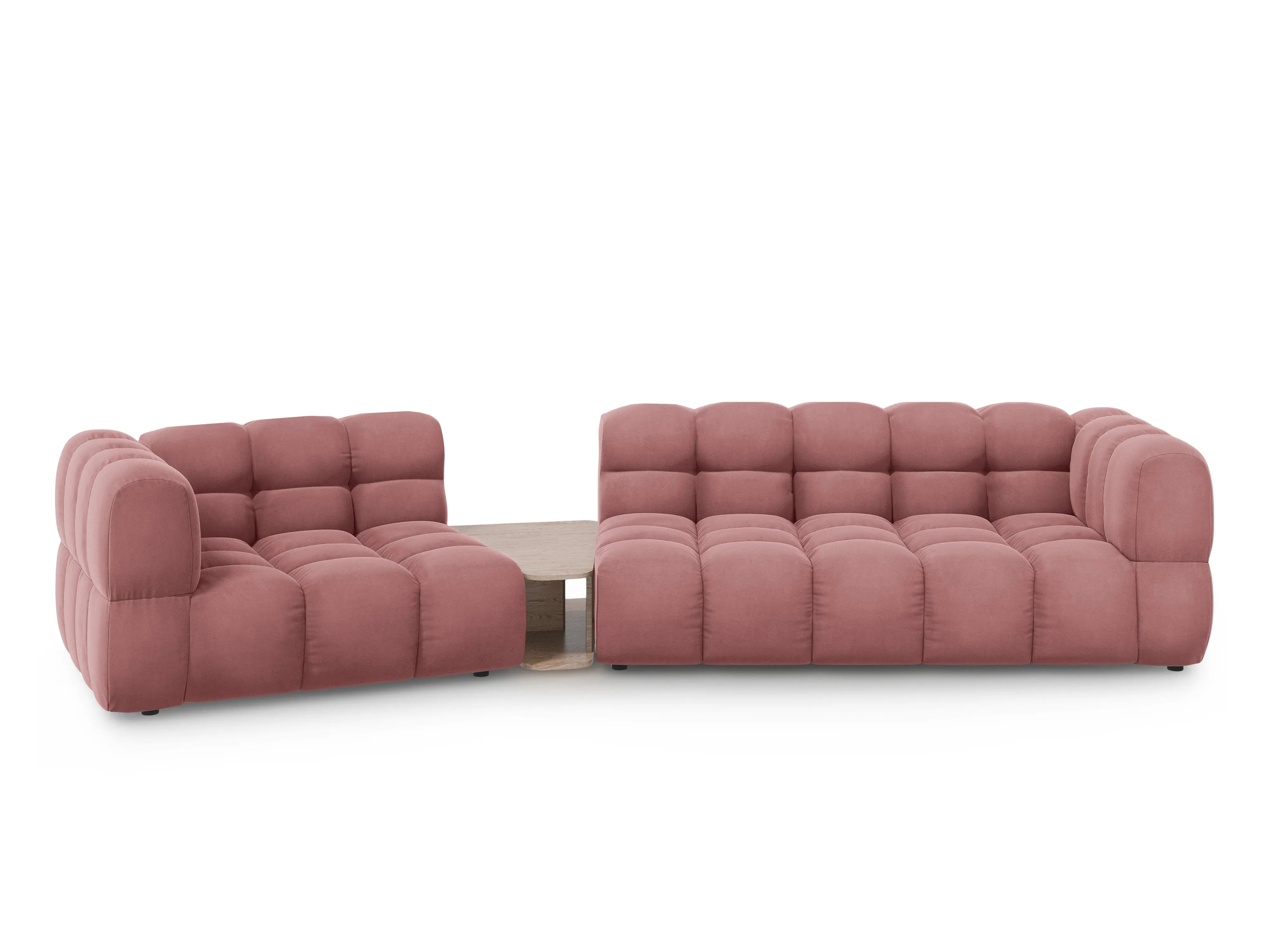 Sofa aksamitna lewostronna 3-osobowa zaokrąglona ze stolikiem SKY łososiowy – Cosmopolitan Design