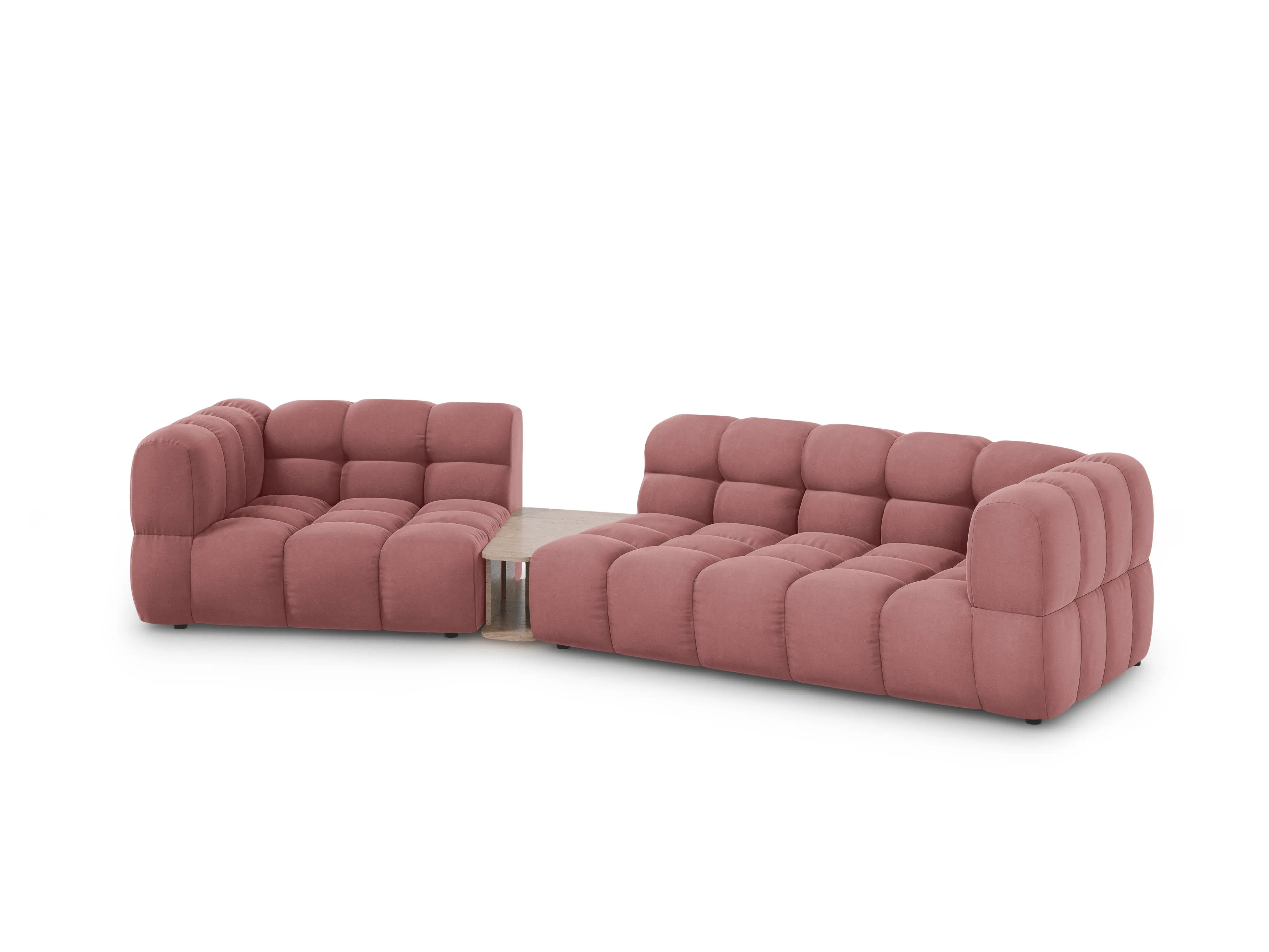 Sofa aksamitna lewostronna 3-osobowa zaokrąglona ze stolikiem SKY łososiowy do salonu