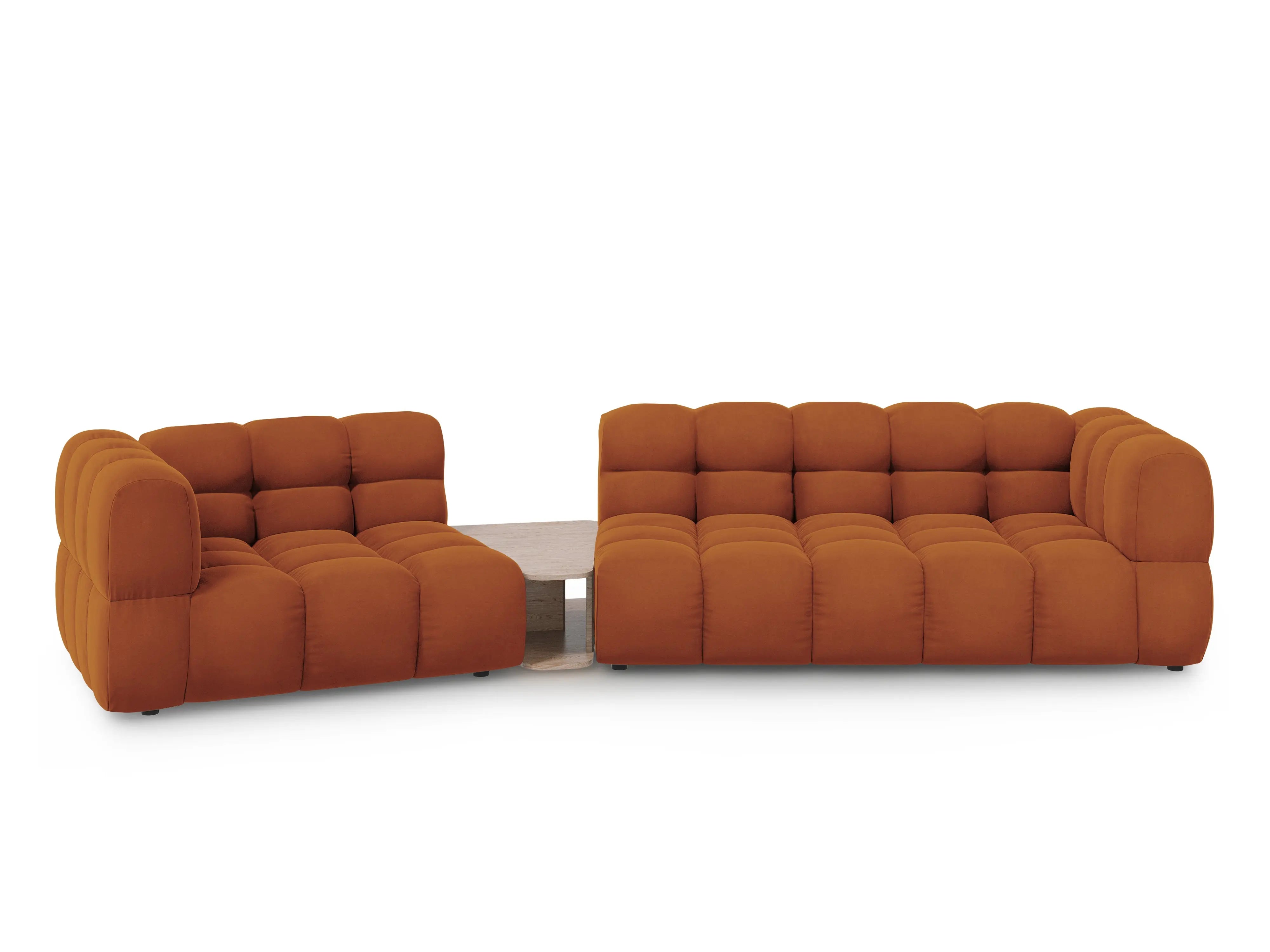 Sofa aksamitna lewostronna 3-osobowa zaokrąglona ze stolikiem SKY terracotta – Cosmopolitan Design