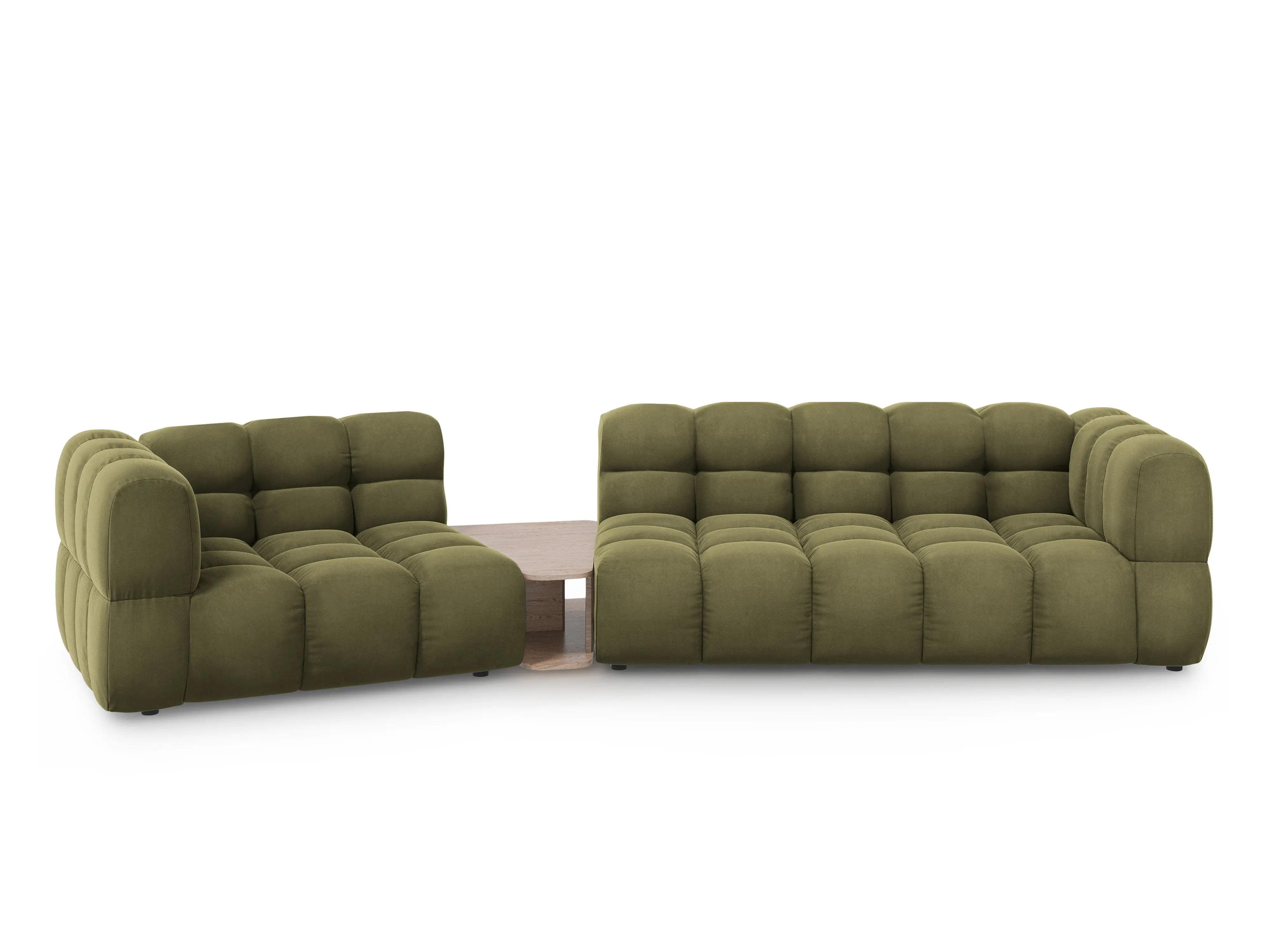 Sofa aksamitna lewostronna 3-osobowa zaokrąglona ze stolikiem SKY jasnozielony – Cosmopolitan Design