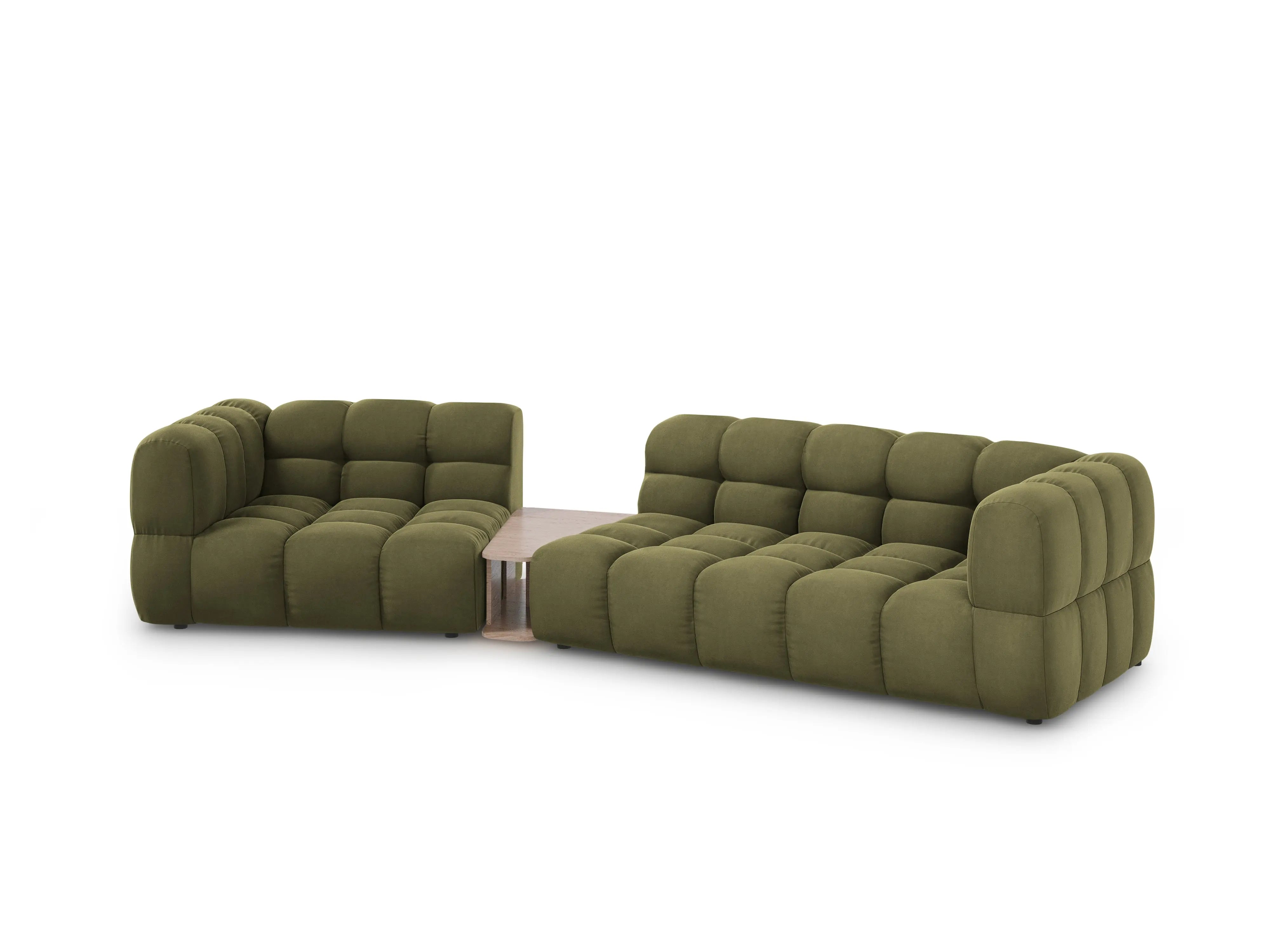 Sofa aksamitna lewostronna 3-osobowa zaokrąglona ze stolikiem SKY jasnozielony do salonu