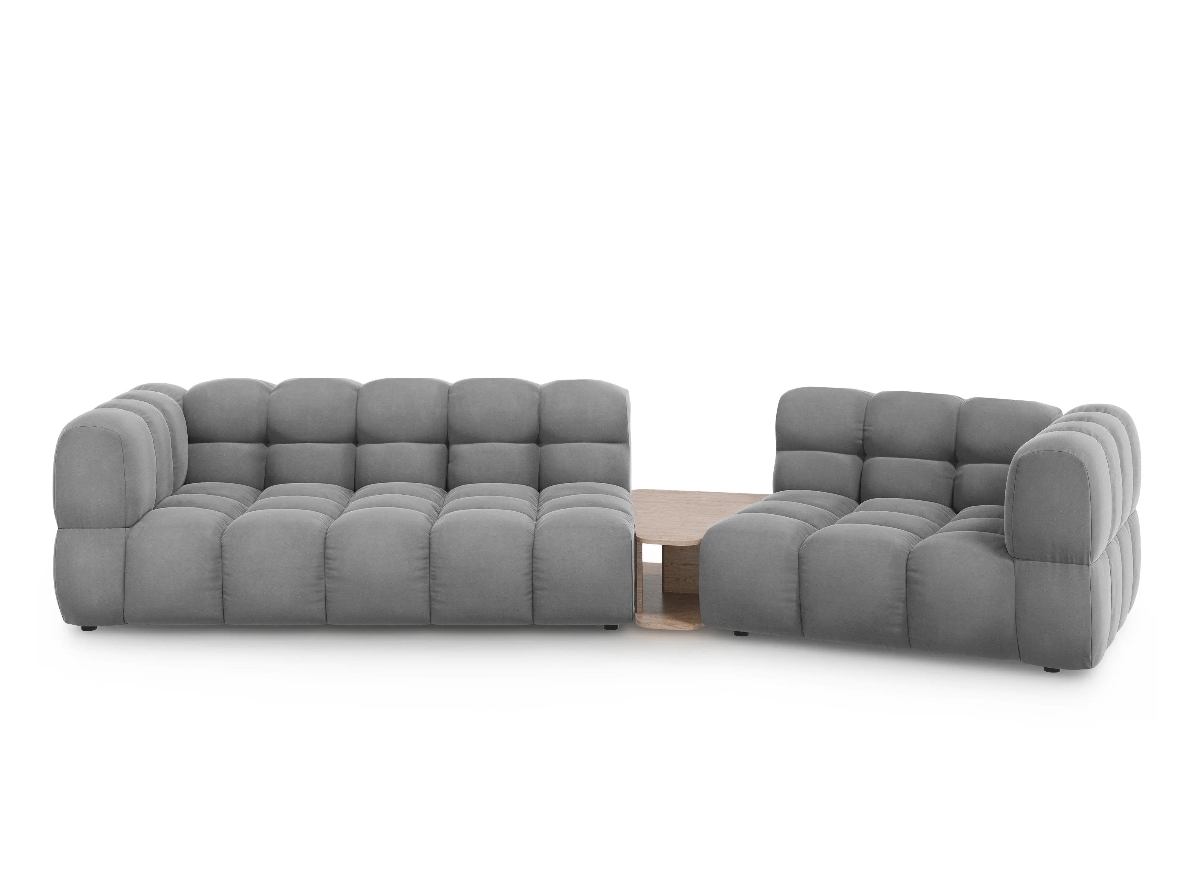 Sofa aksamitna prawostronna 3-osobowa zaokrąglona ze stolikiem SKY jasnoszary do salonu