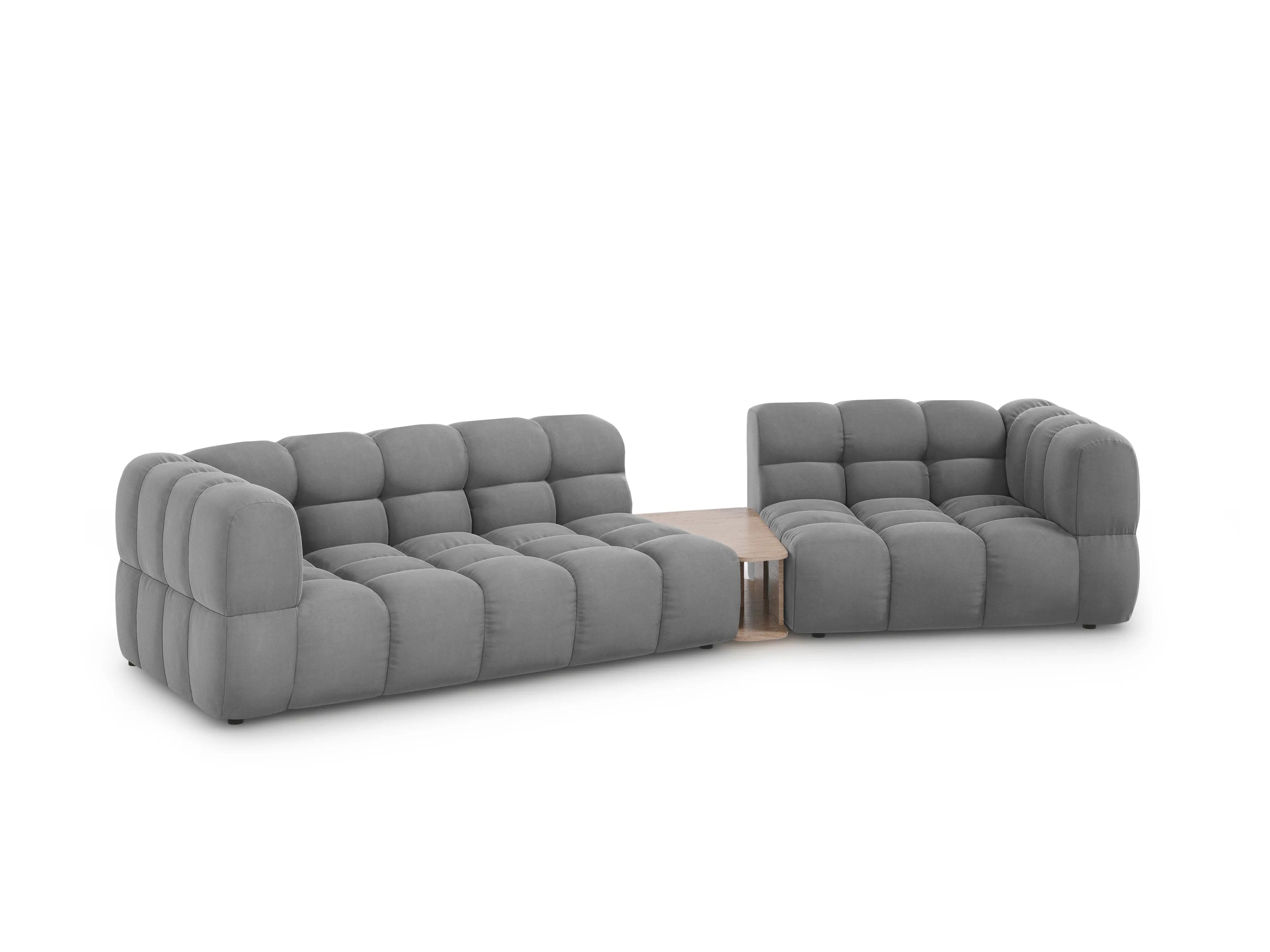 Sofa aksamitna prawostronna 3-osobowa zaokrąglona ze stolikiem SKY jasnoszary – Cosmopolitan Design