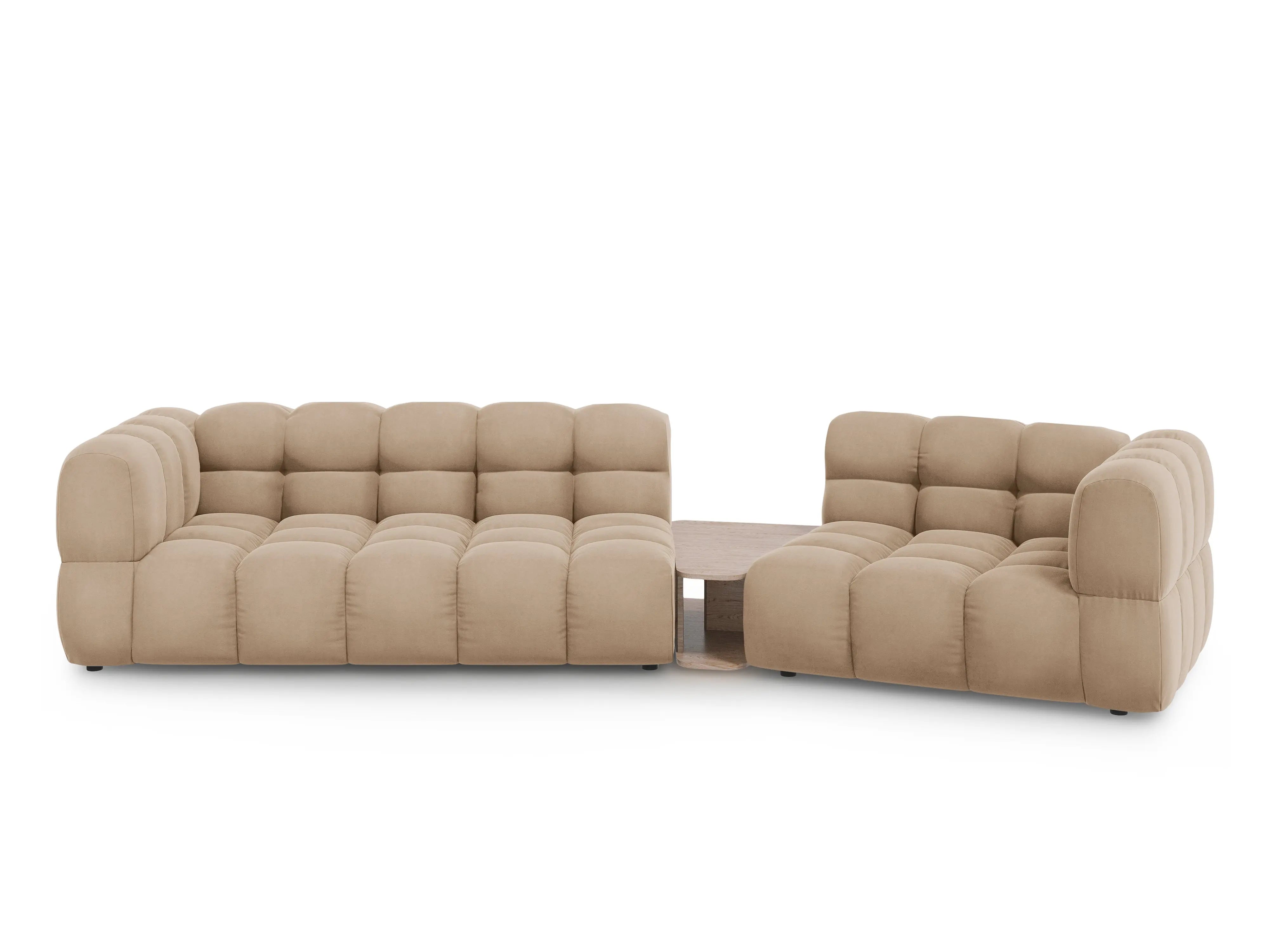 Sofa aksamitna prawostronna 3-osobowa zaokrąglona ze stolikiem SKY piaskowy do salonu