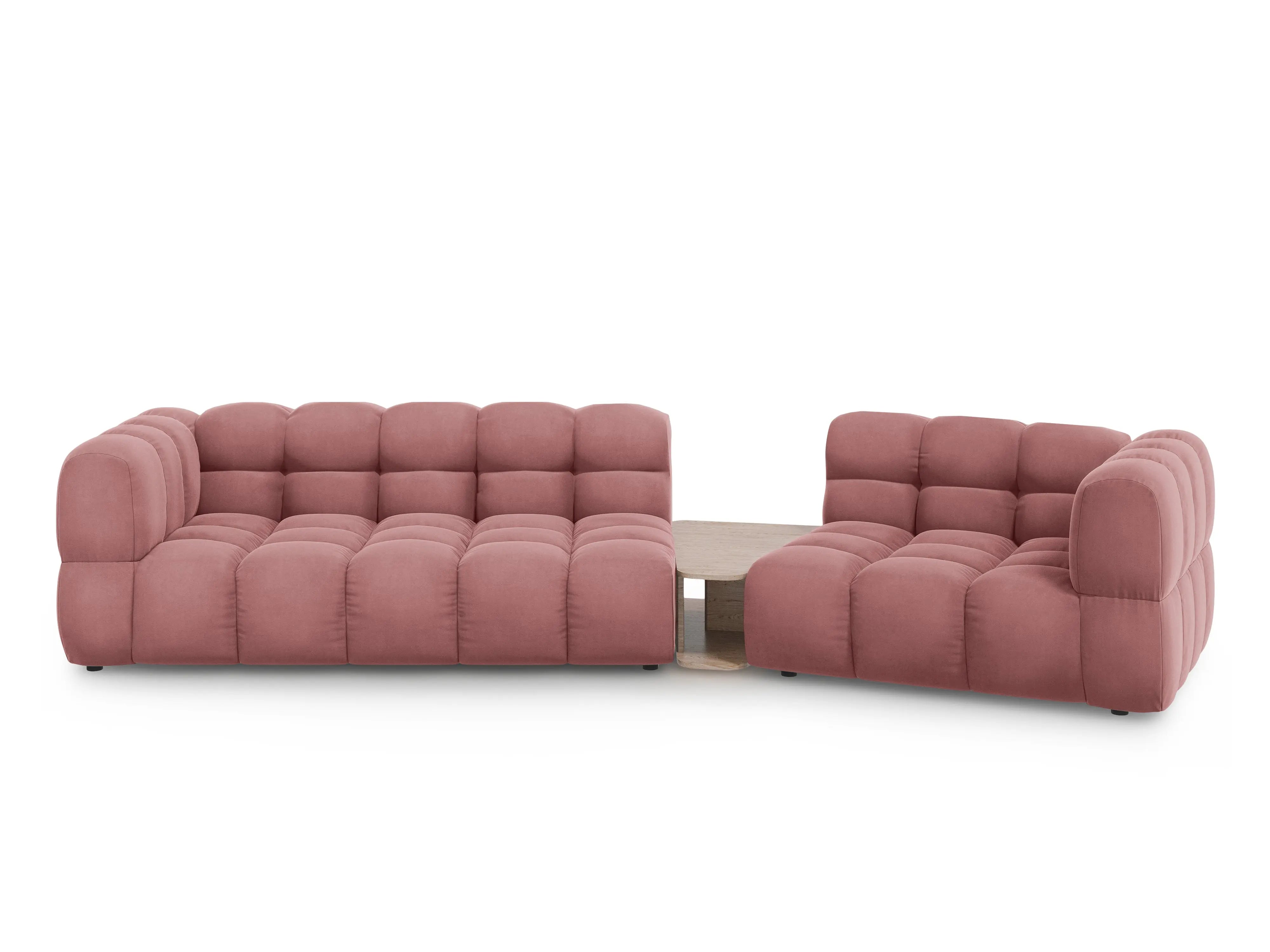 Sofa aksamitna prawostronna 3-osobowa zaokrąglona ze stolikiem SKY łososiowa do salonu