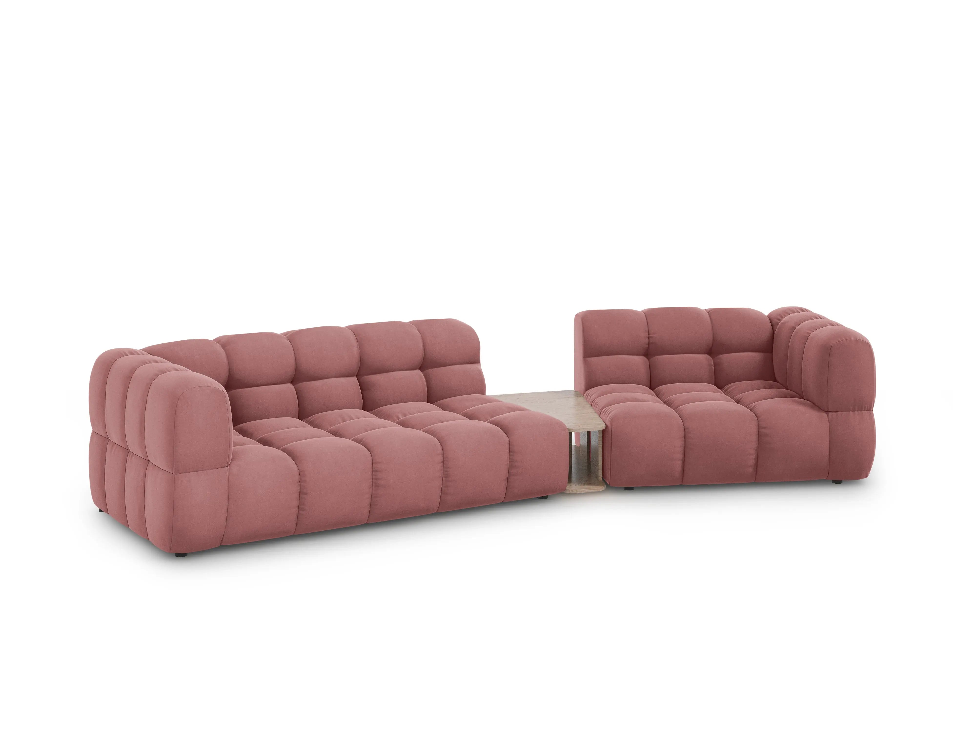 Sofa aksamitna prawostronna 3-osobowa zaokrąglona ze stolikiem SKY łososiowa – Cosmopolitan Design