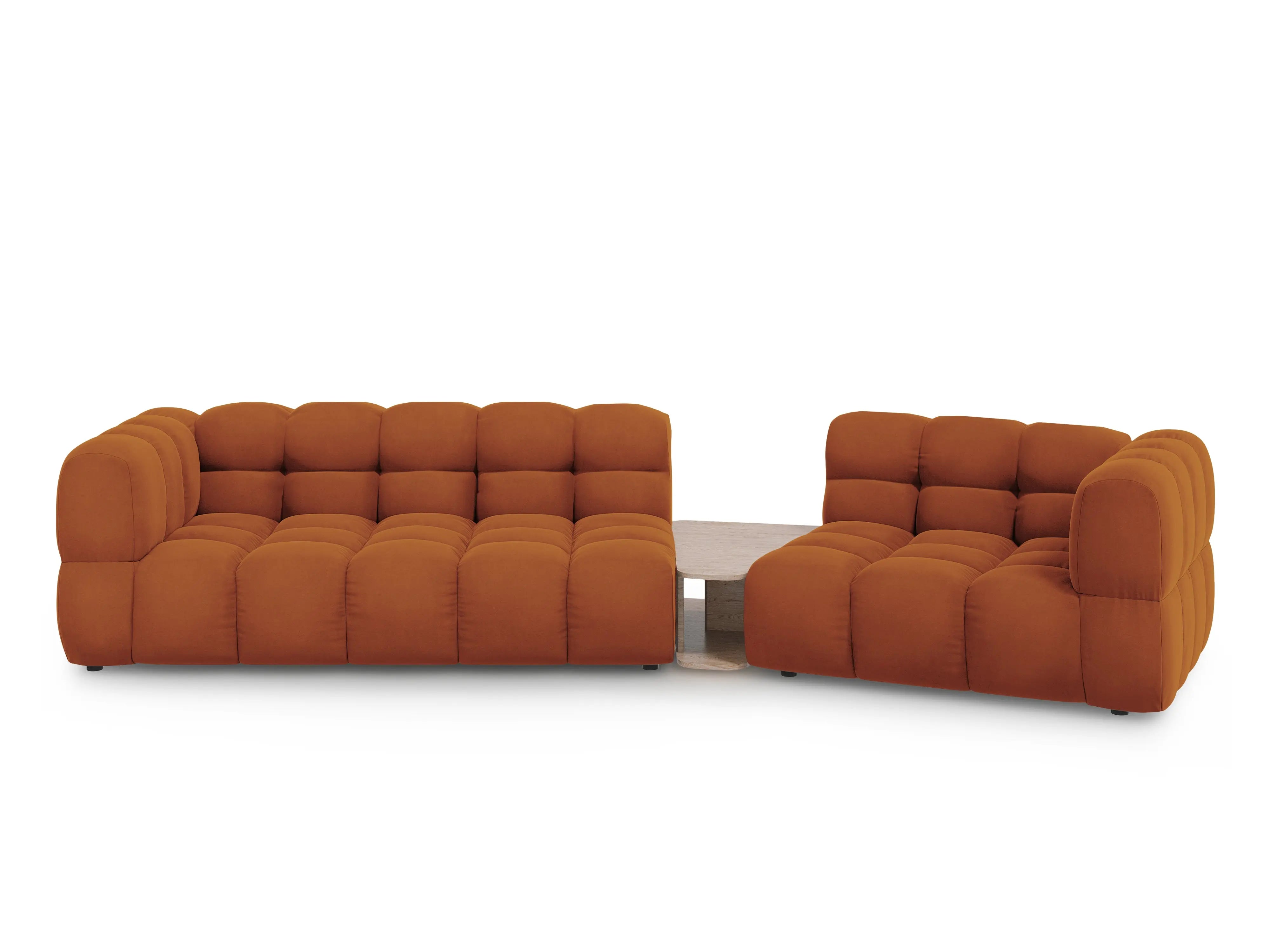 Sofa aksamitna prawostronna 3-osobowa zaokrąglona ze stolikiem SKY terracotta do salonu