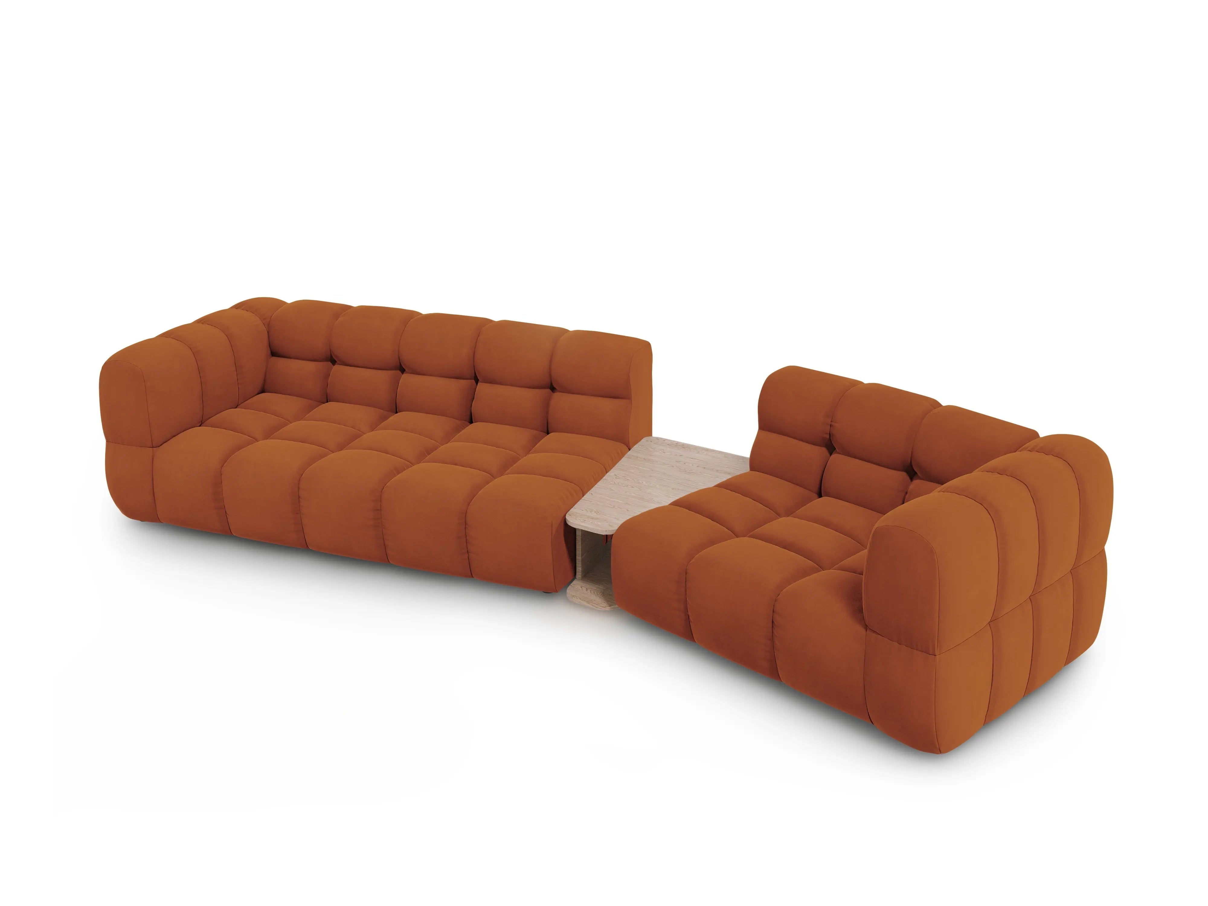 Kanapa aksamitna prawostronna 3-osobowa zaokrąglona ze stolikiem SKY terracotta – Cosmopolitan Design