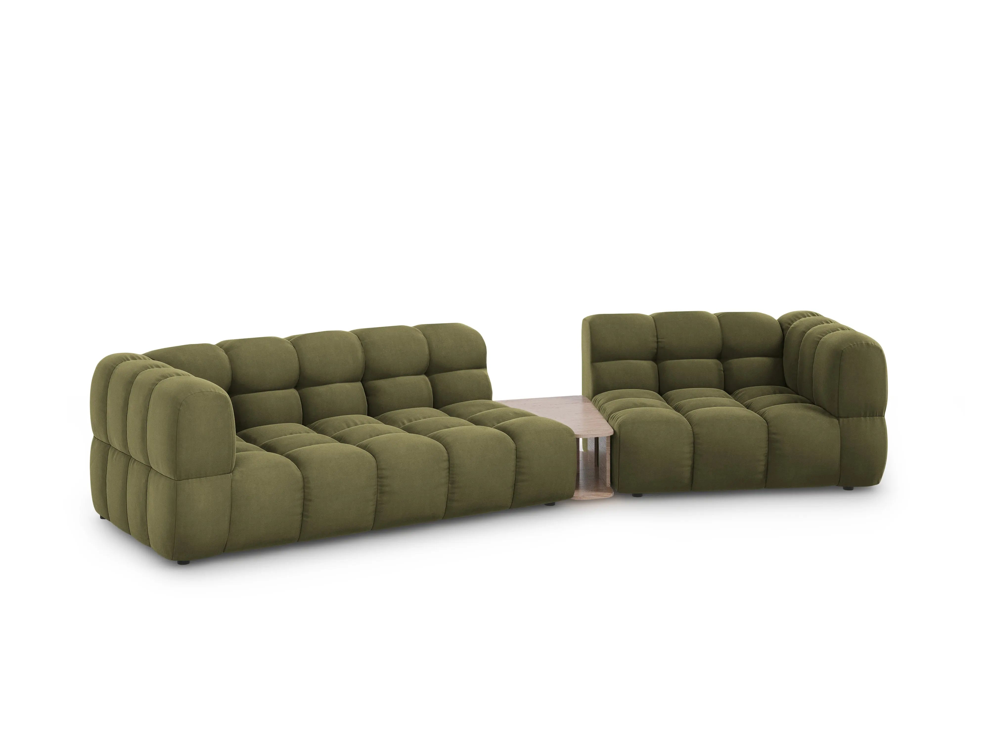 Sofa aksamitna prawostronna 3-osobowa zaokrąglona ze stolikiem SKY jasnozielony – Cosmopolitan Design