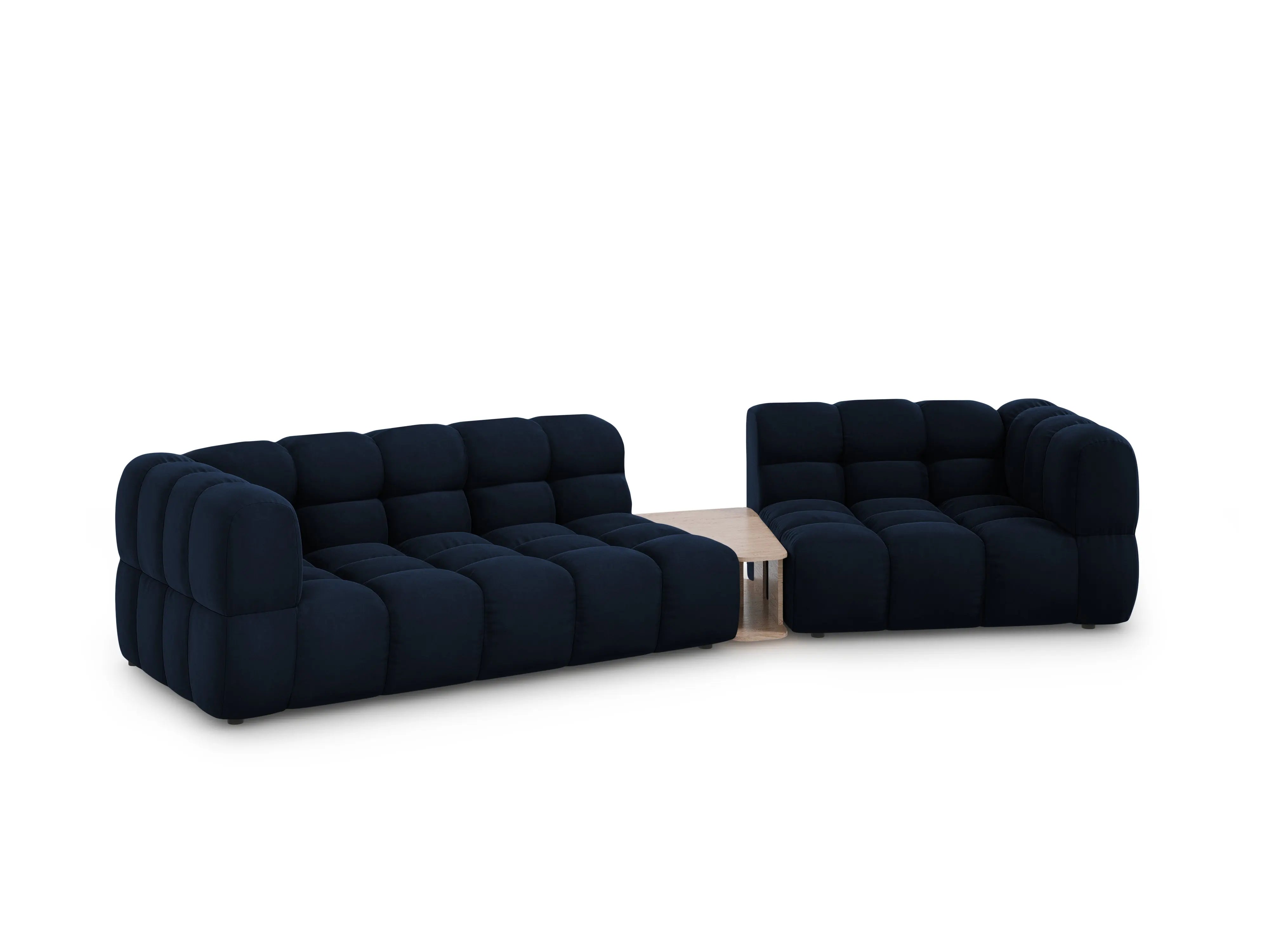 Sofa aksamitna prawostronna 3-osobowa zaokrąglona ze stolikiem SKY granat królewski – Cosmopolitan Design